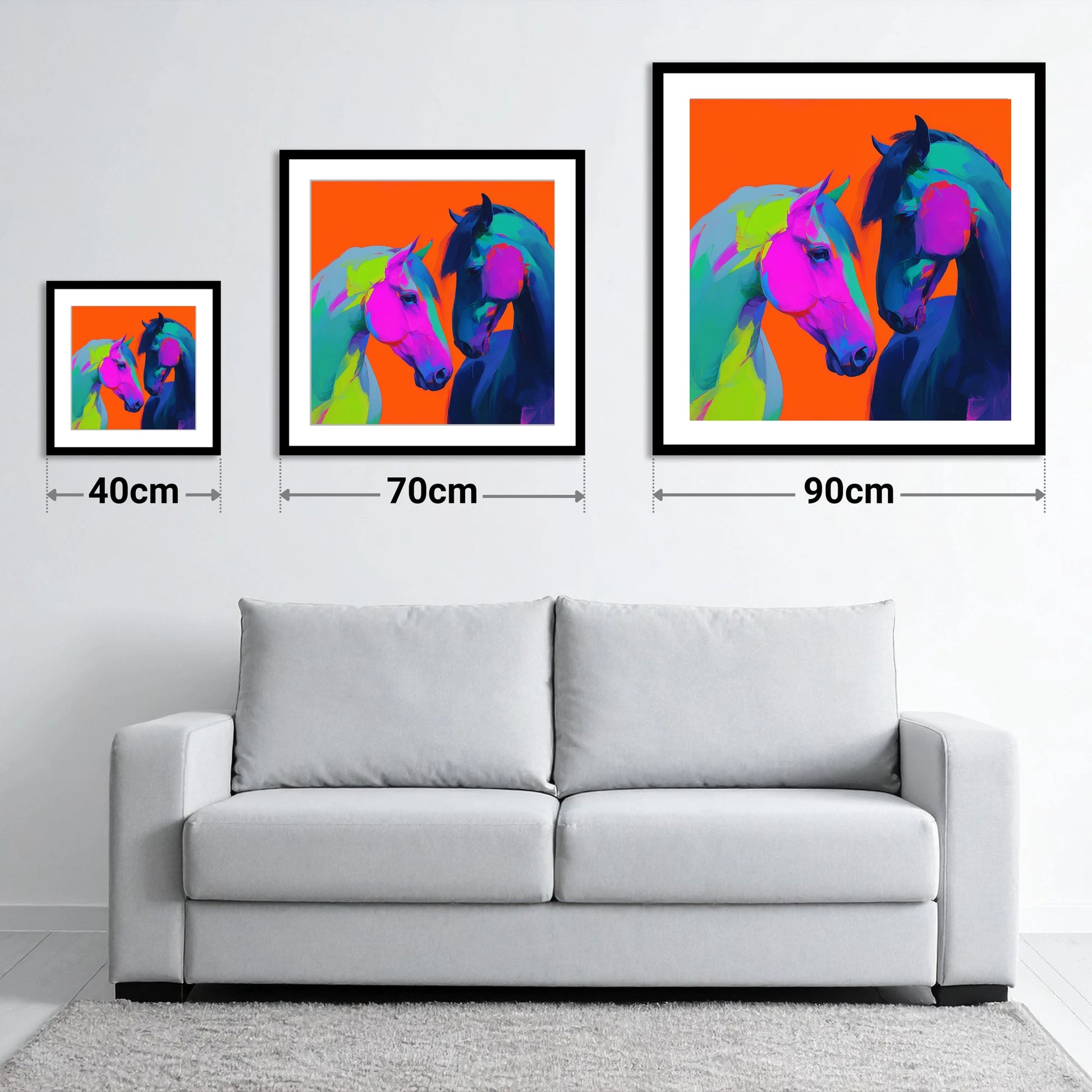 Chromatic Encounter - size guide showing 40cm, 70cm and 90cm art prints