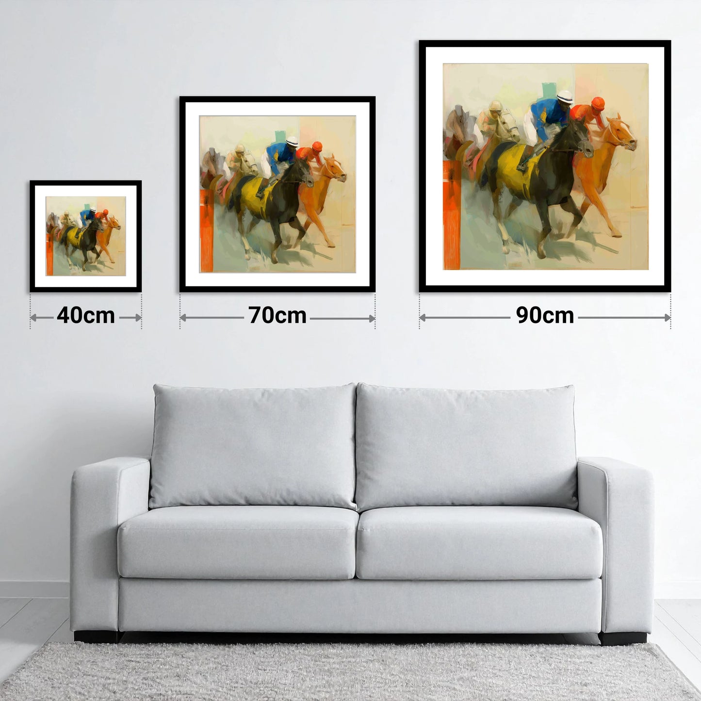 Colours of the Turf - size guide showing 40cm, 70cm and 90cm art prints