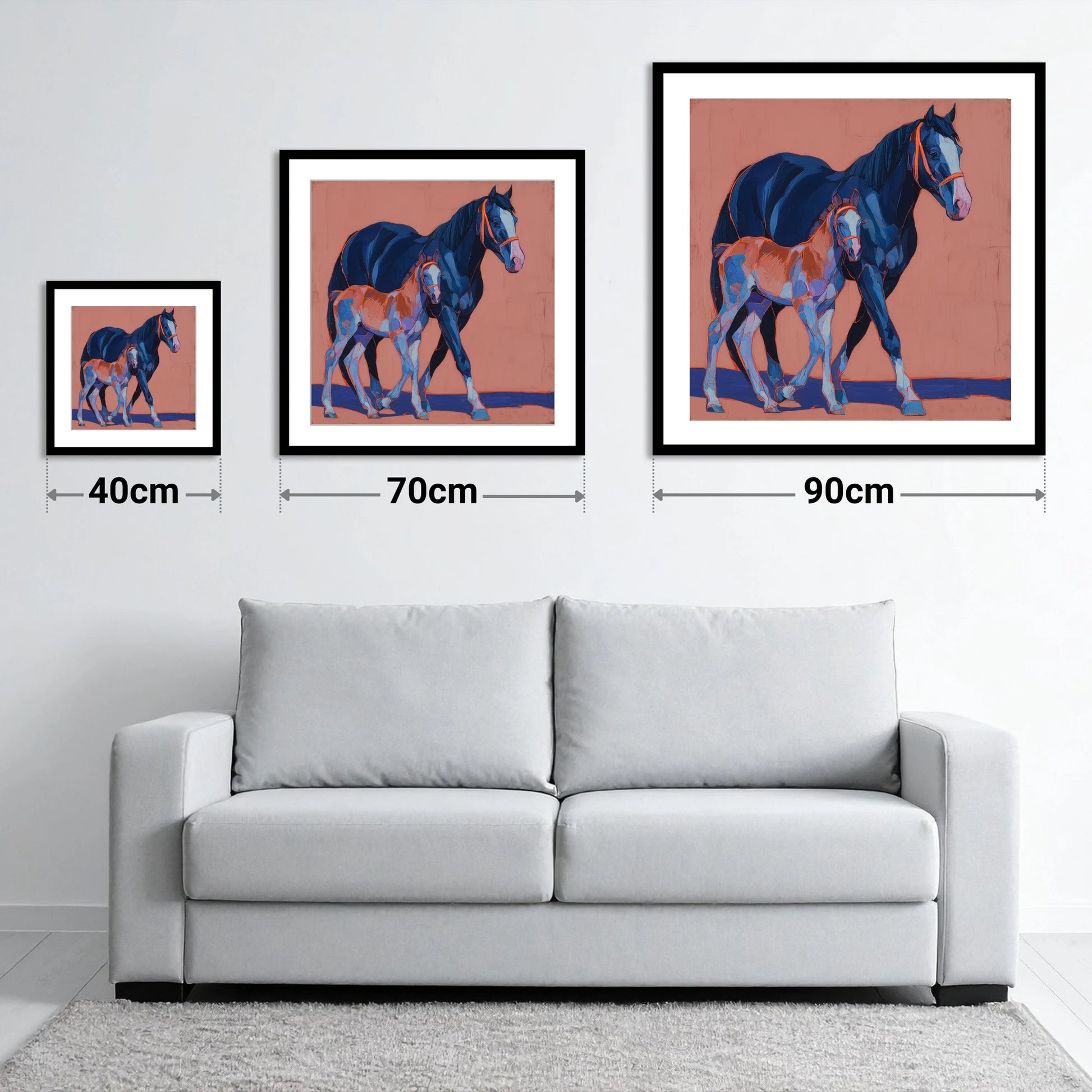 Bold Beginnings - size guide showing 40cm, 70cm and 90cm art prints