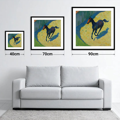 Cobalt Shadow Gallop - size guide showing 40cm, 70cm and 90cm art prints