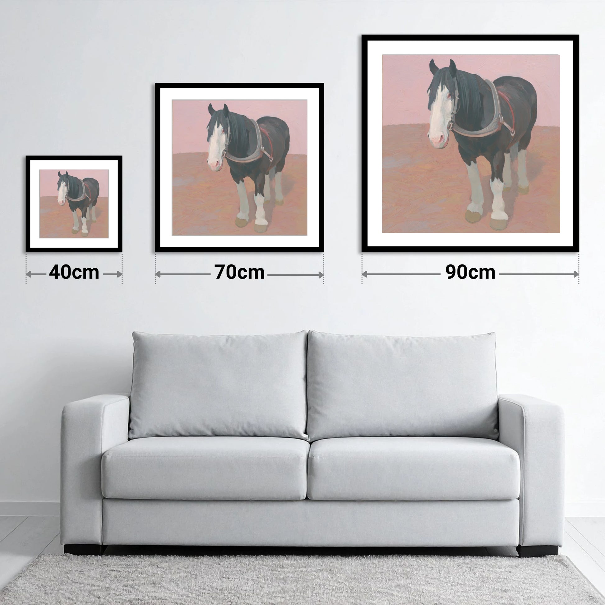 The Gentle Heavy - size guide showing 40cm, 70cm and 90cm art prints