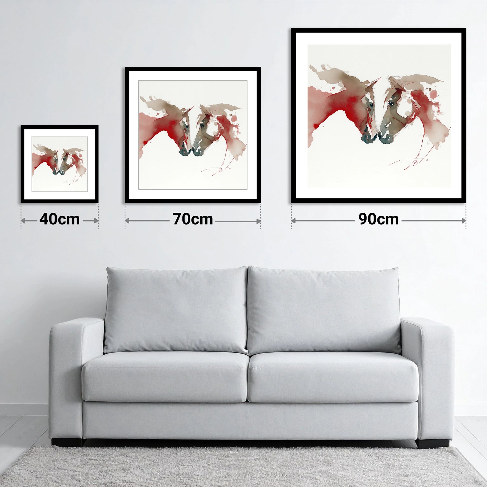 Crimson Connection - size guide showing 40cm, 70cm and 90cm art prints