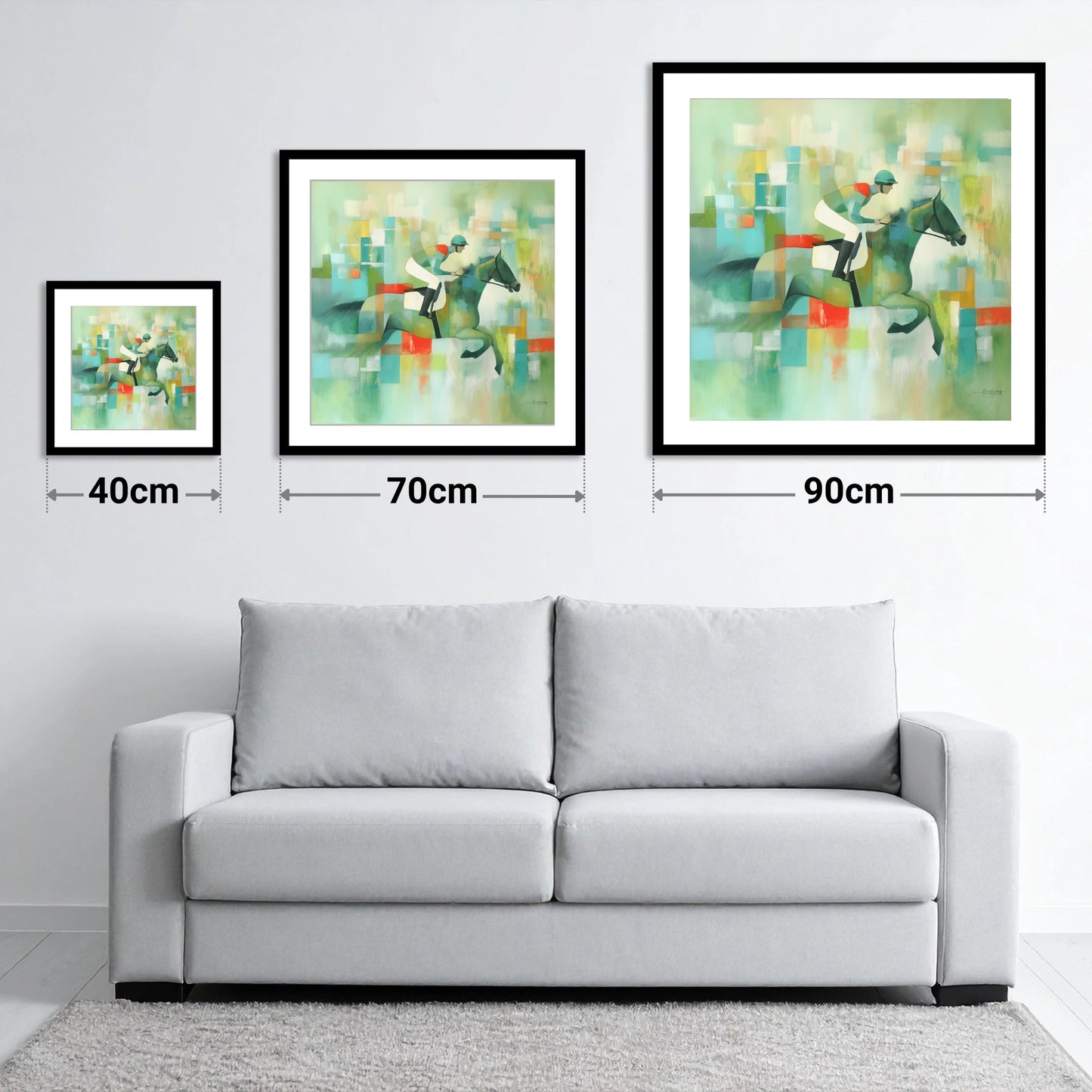Geometric Racing Form - size guide showing 40cm, 70cm and 90cm art prints