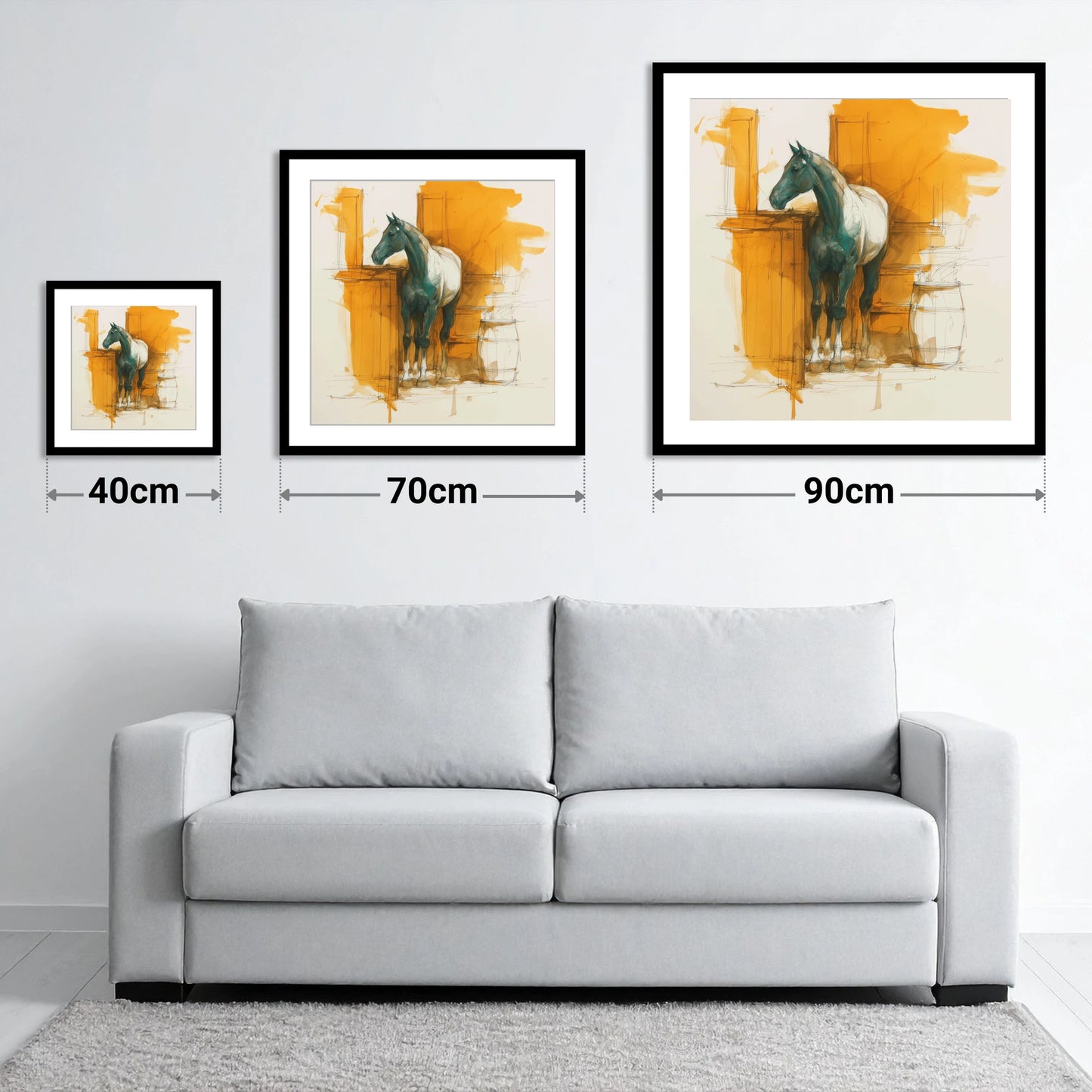 Amber Yard Silhouette - size guide showing 40cm, 70cm and 90cm art prints