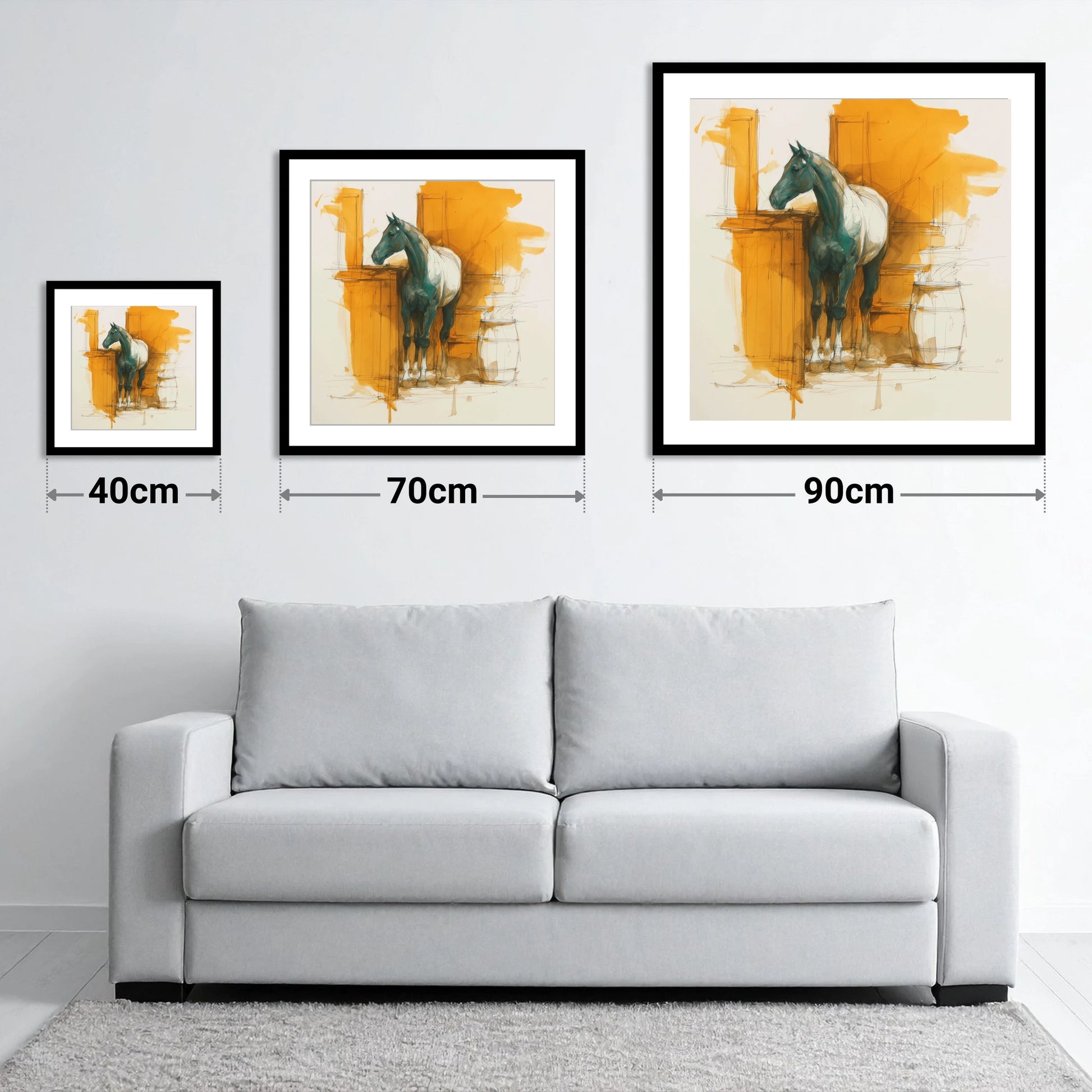 Amber Yard Silhouette - size guide showing 40cm, 70cm and 90cm art prints