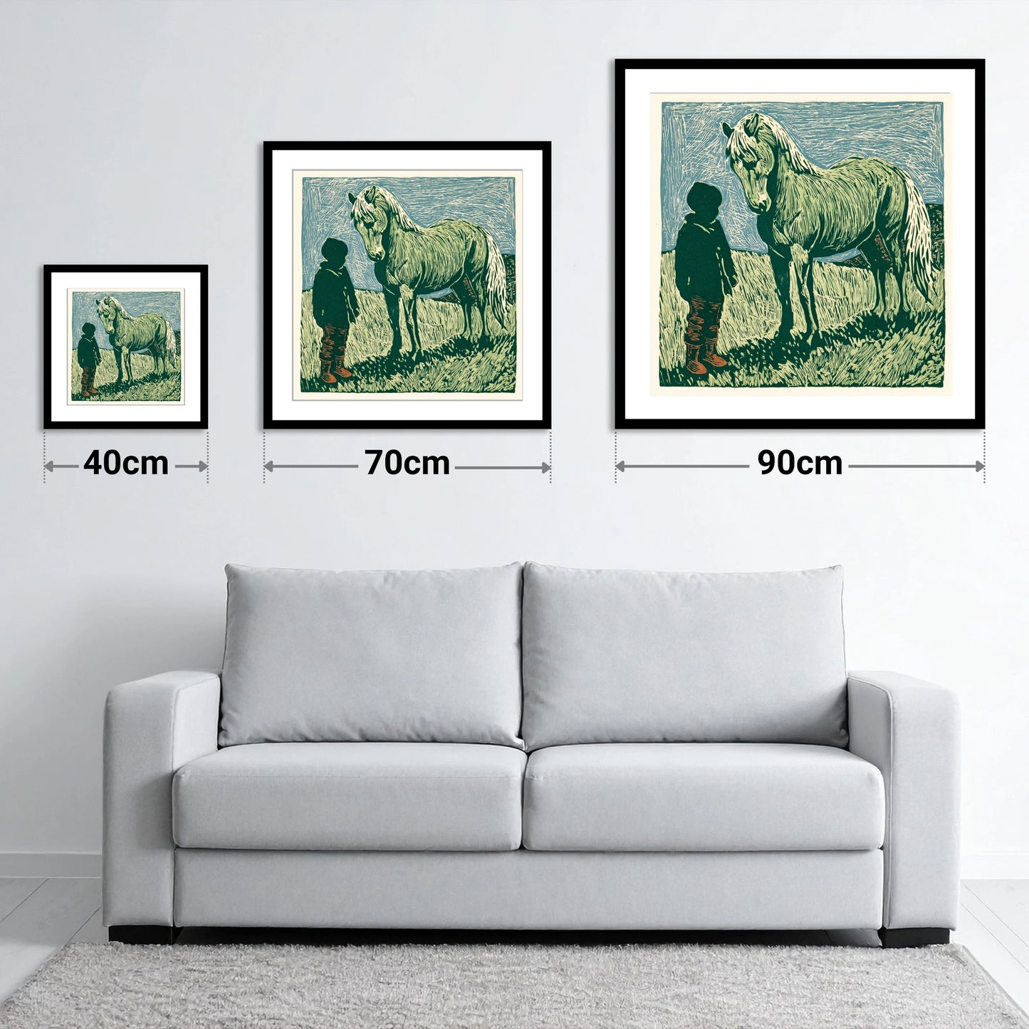 The Silent Bond - size guide showing 40cm, 70cm and 90cm art prints