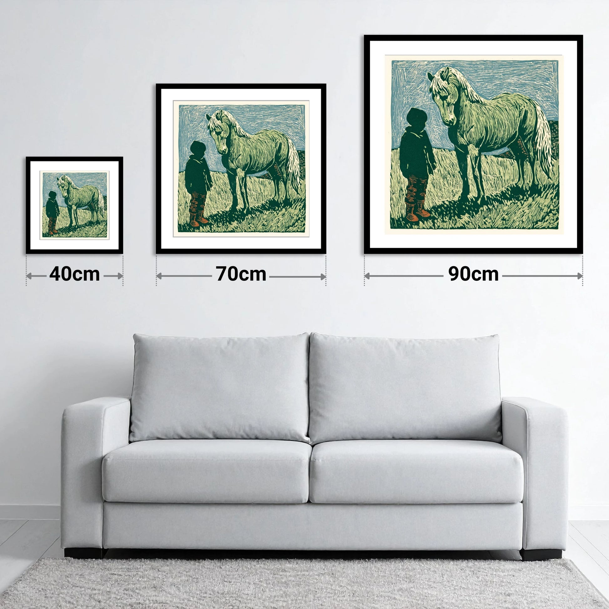 The Silent Bond - size guide showing 40cm, 70cm and 90cm art prints
