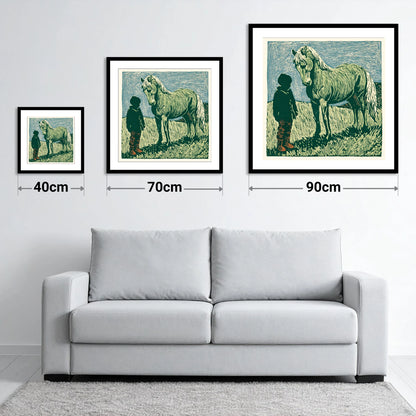The Silent Bond - size guide showing 40cm, 70cm and 90cm art prints