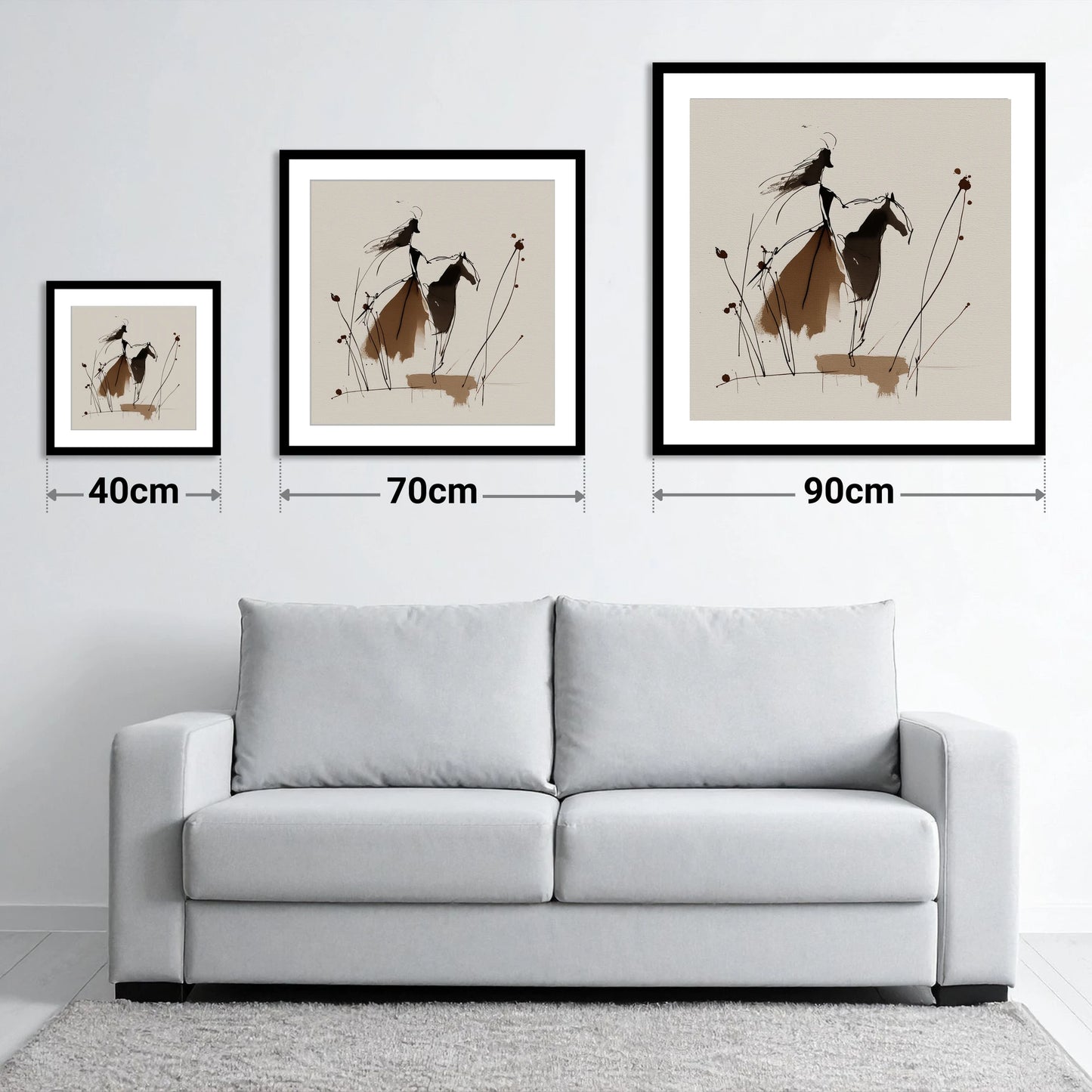 Fluid Harmony - size guide showing 40cm, 70cm and 90cm art prints