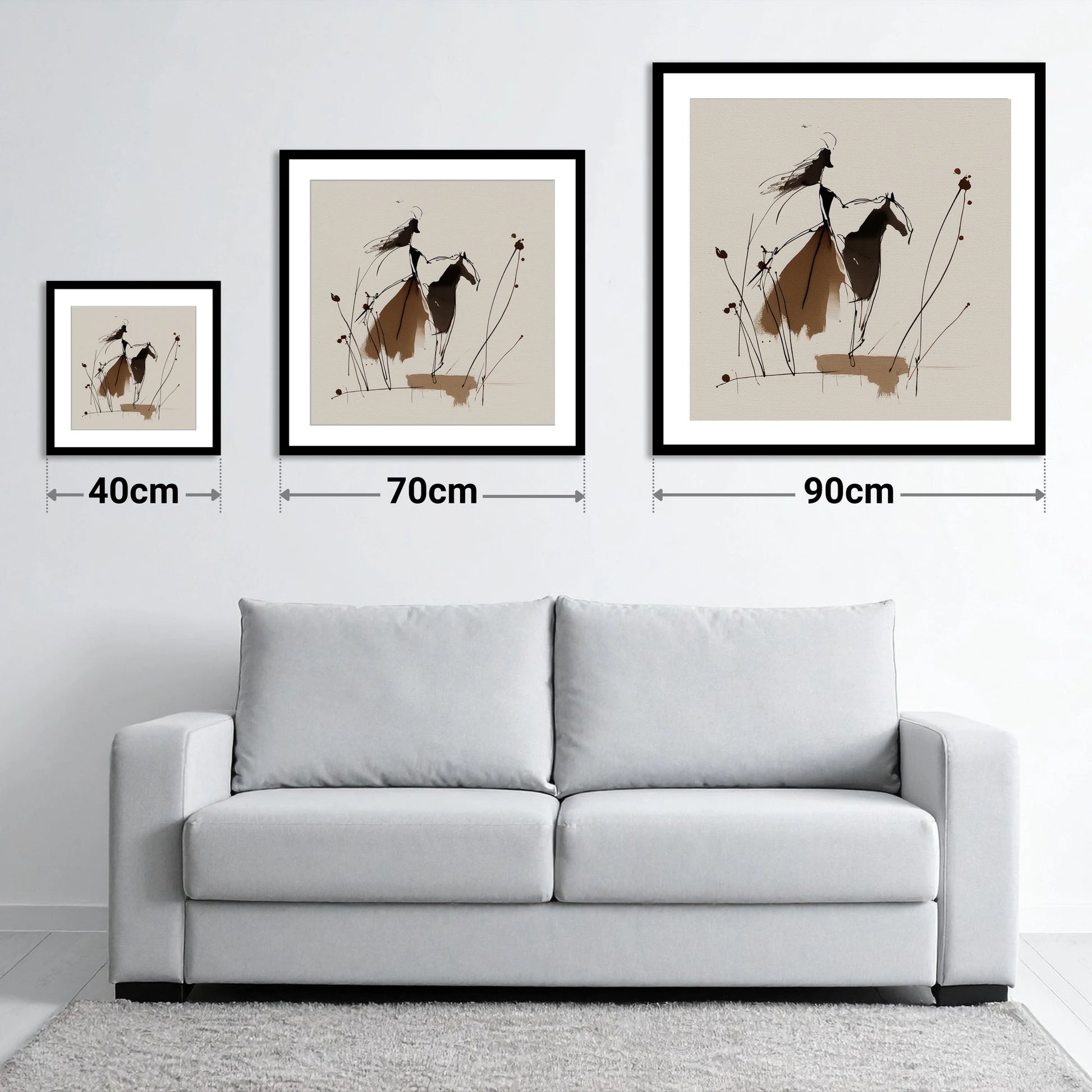 Fluid Harmony - size guide showing 40cm, 70cm and 90cm art prints