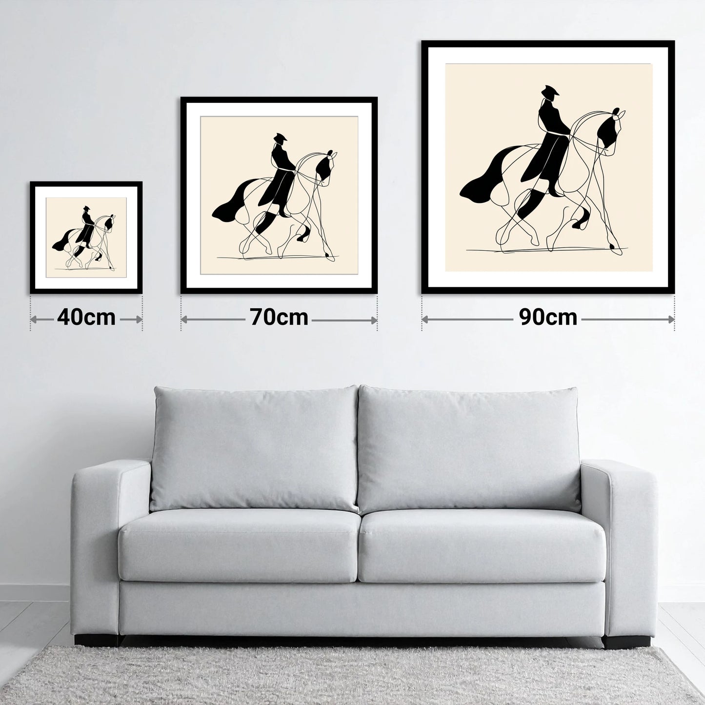 Harmony in Motion - size guide showing 40cm, 70cm and 90cm art prints
