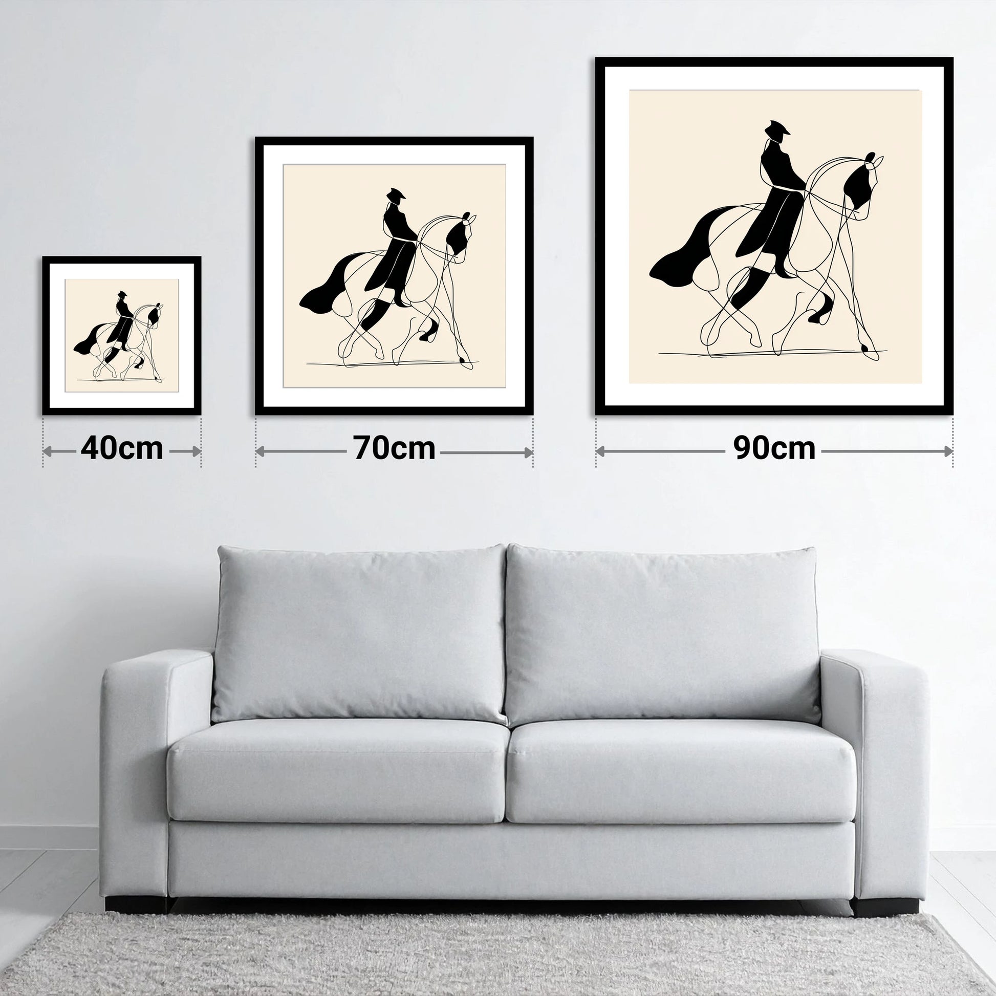 Harmony in Motion - size guide showing 40cm, 70cm and 90cm art prints