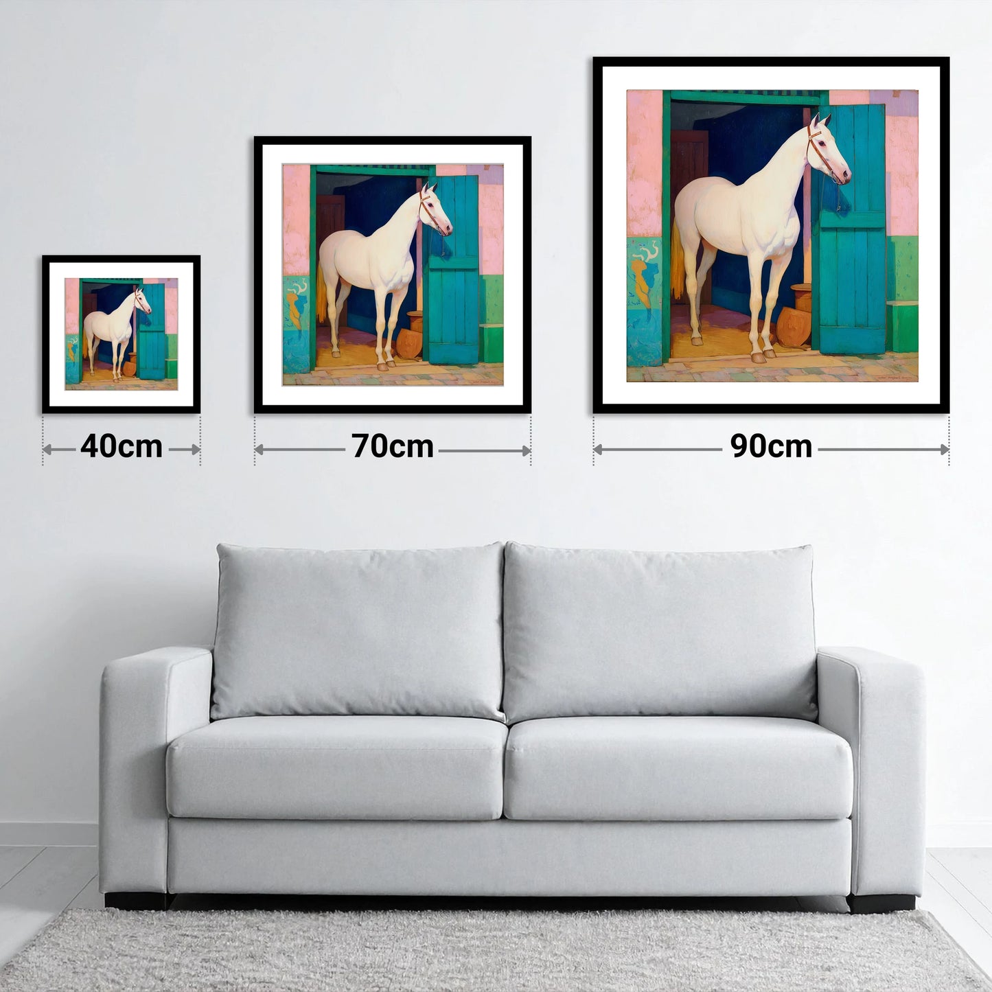 The Turquoise Door - size guide showing 40cm, 70cm and 90cm art prints