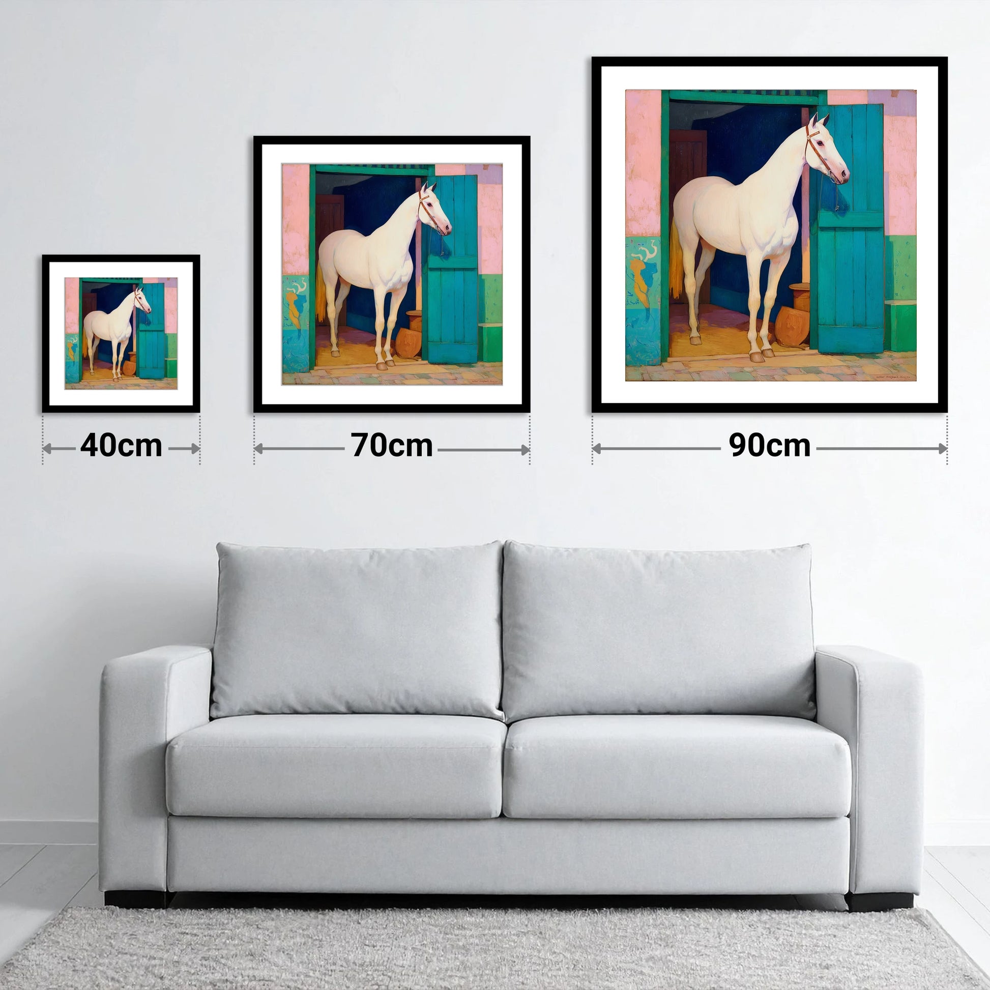 The Turquoise Door - size guide showing 40cm, 70cm and 90cm art prints