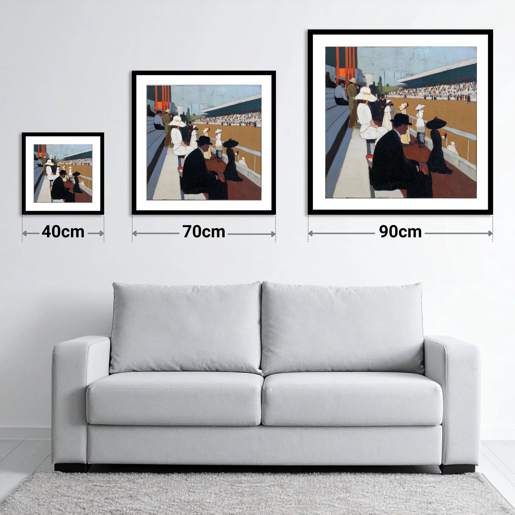 The Grandstand Spectacle - size guide showing 40cm, 70cm and 90cm art prints