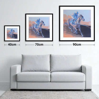 Indigo Stride - size guide showing 40cm, 70cm and 90cm art prints