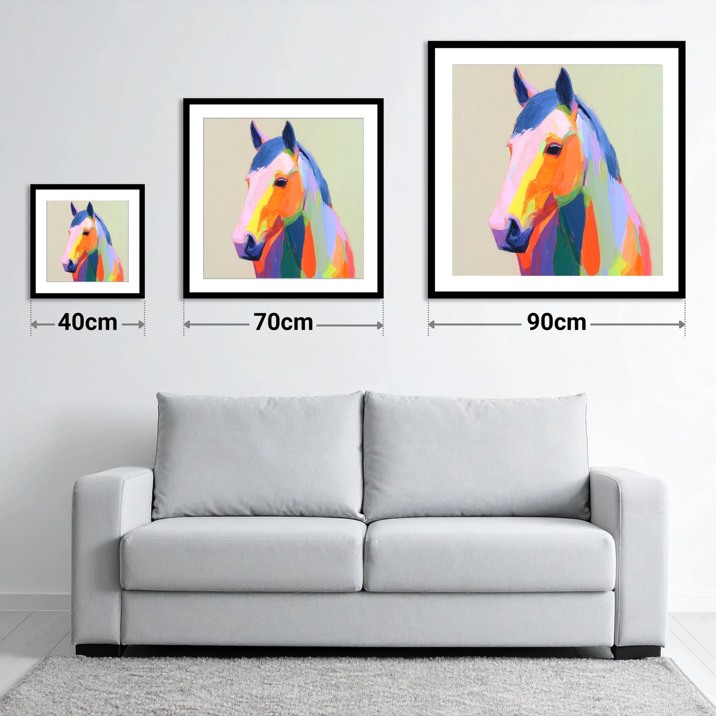 Vivid Technicolour Spirit - size guide showing 40cm, 70cm and 90cm art prints