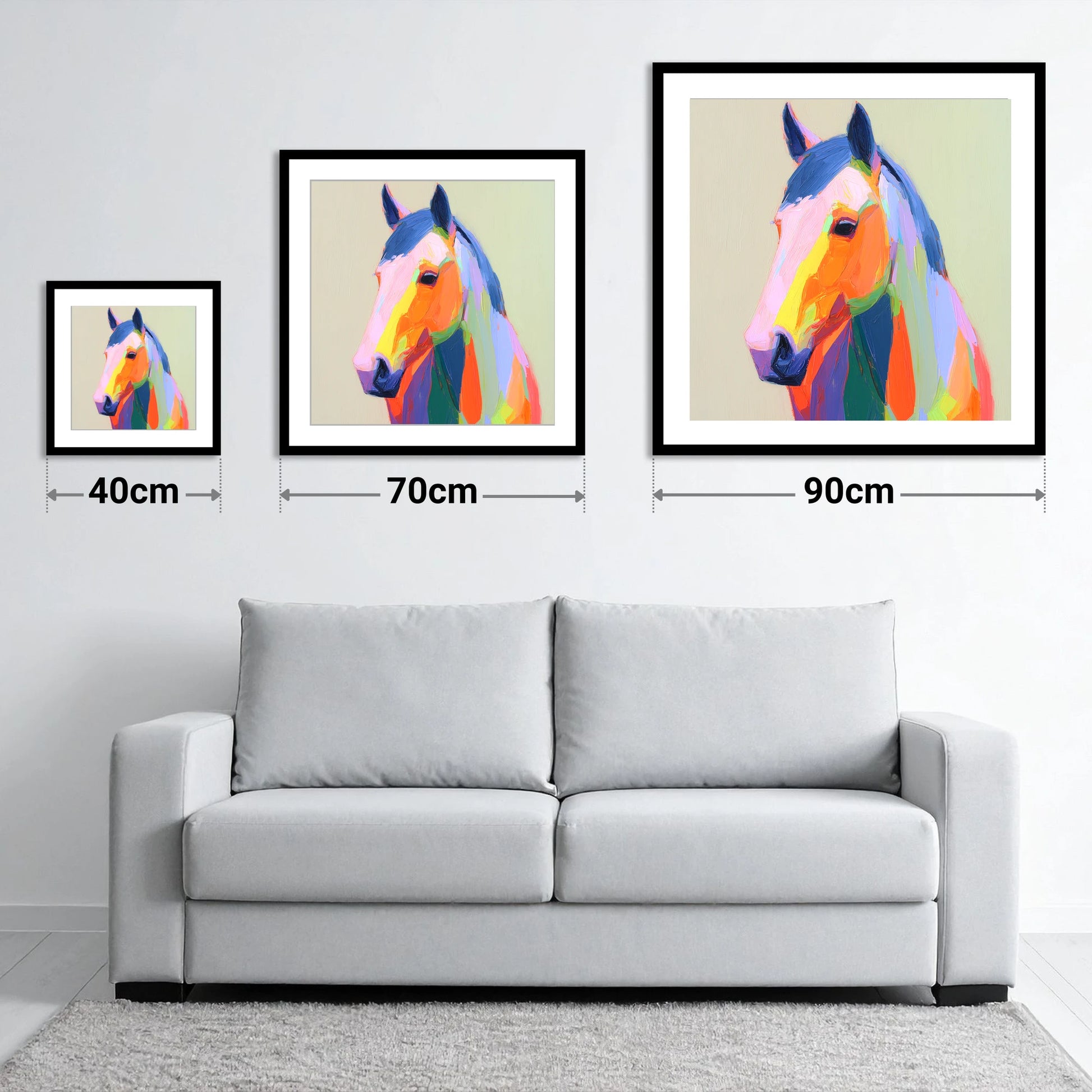 Vivid Technicolour Spirit - size guide showing 40cm, 70cm and 90cm art prints
