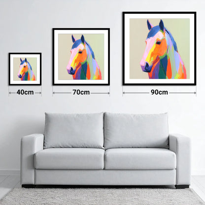 Vivid Technicolour Spirit - size guide showing 40cm, 70cm and 90cm art prints