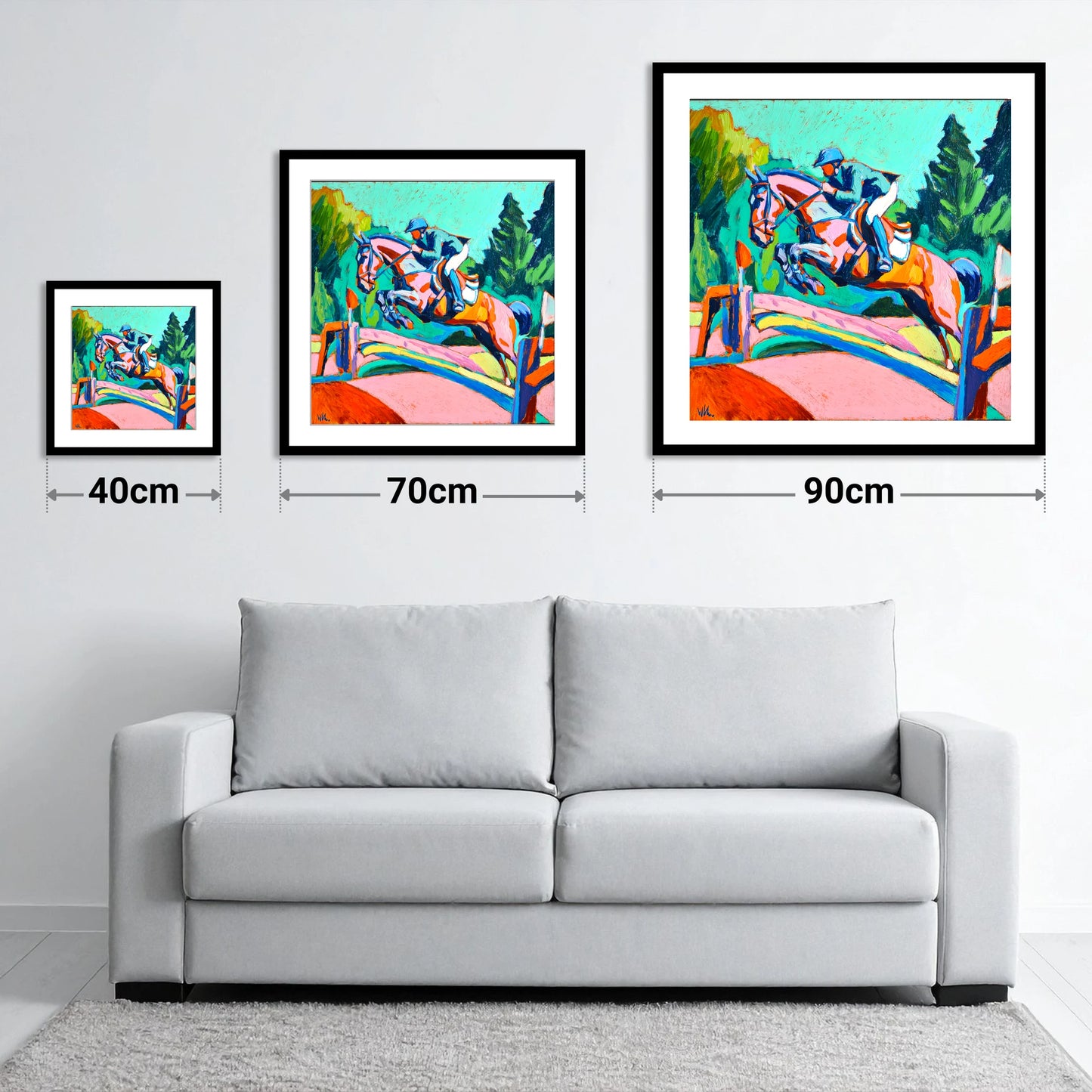 Technicolour Flight - size guide showing 40cm, 70cm and 90cm art prints