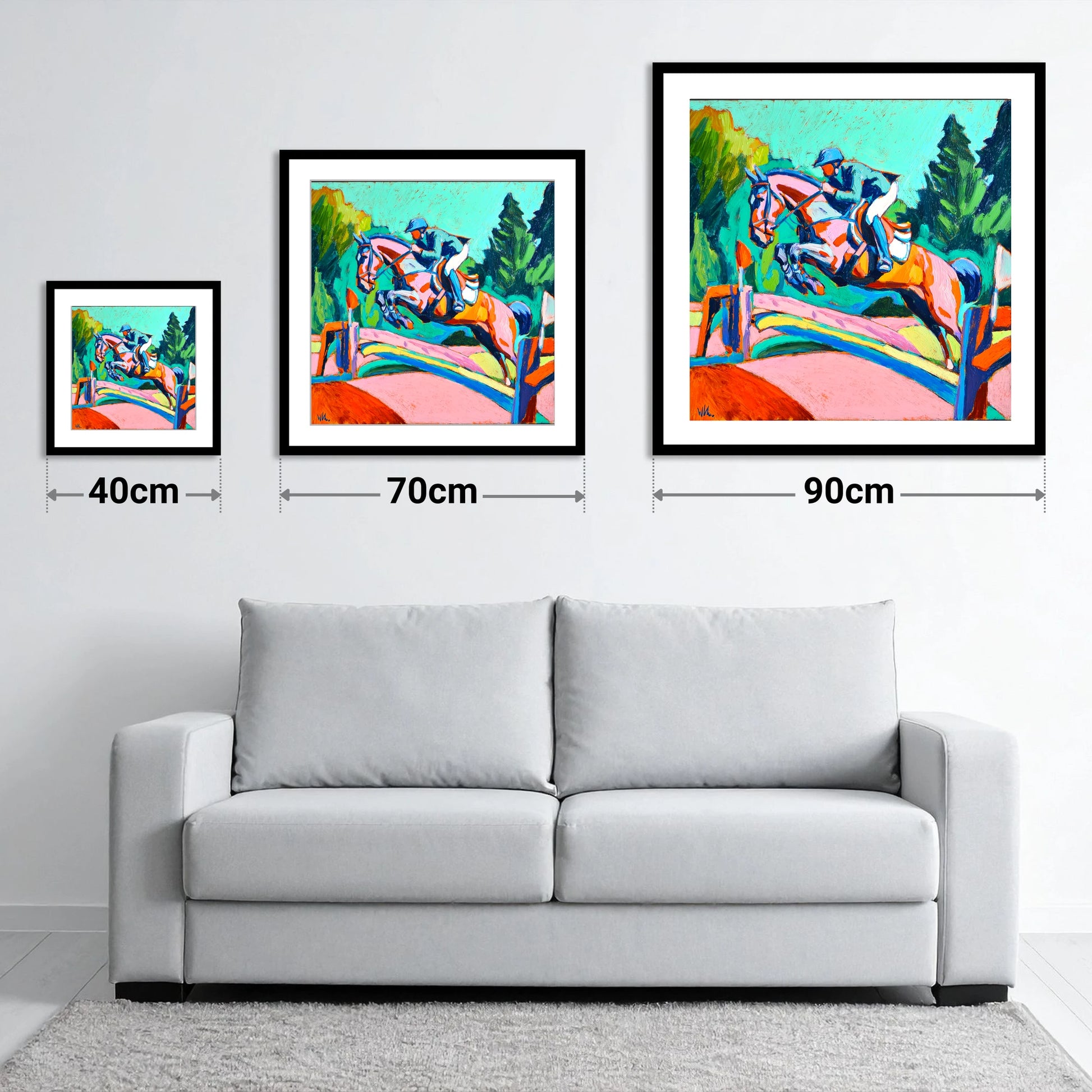 Technicolour Flight - size guide showing 40cm, 70cm and 90cm art prints