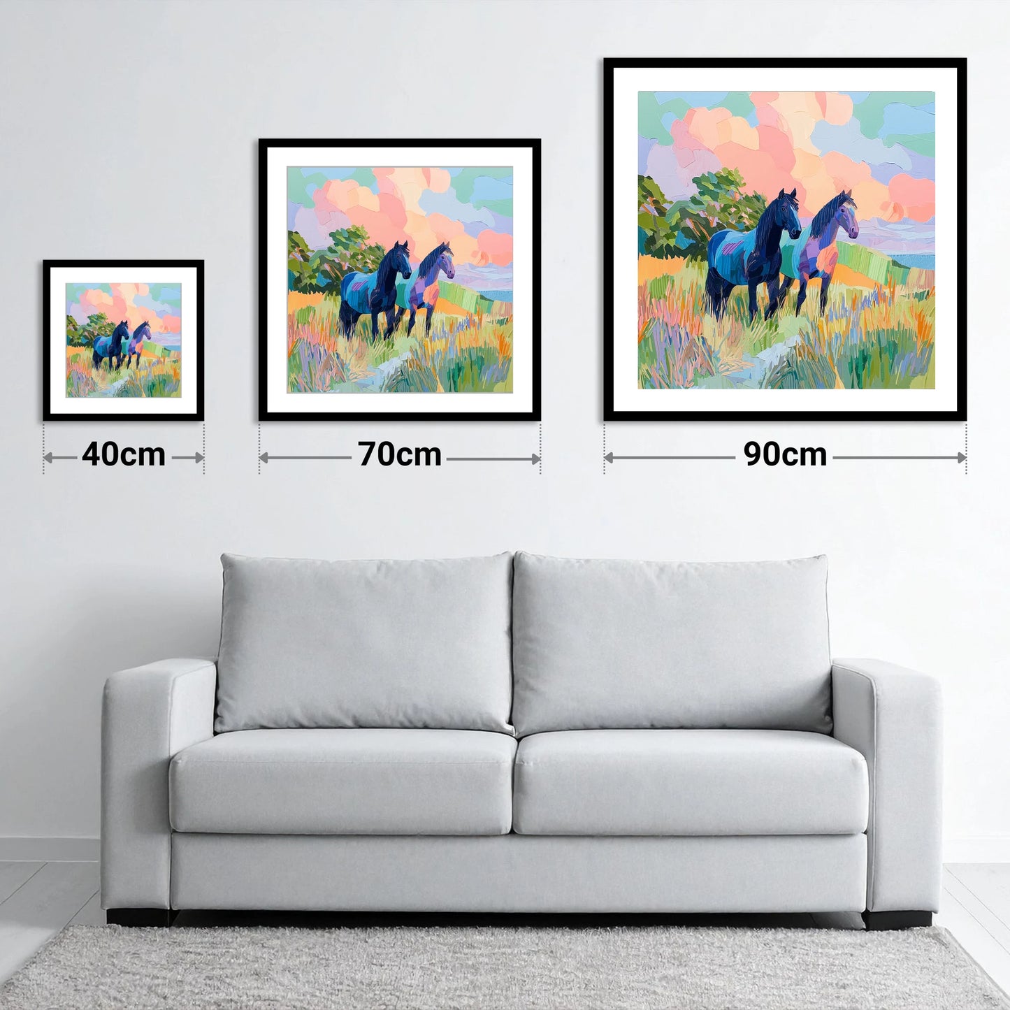 Pastures in Pastel - size guide showing 40cm, 70cm and 90cm art prints