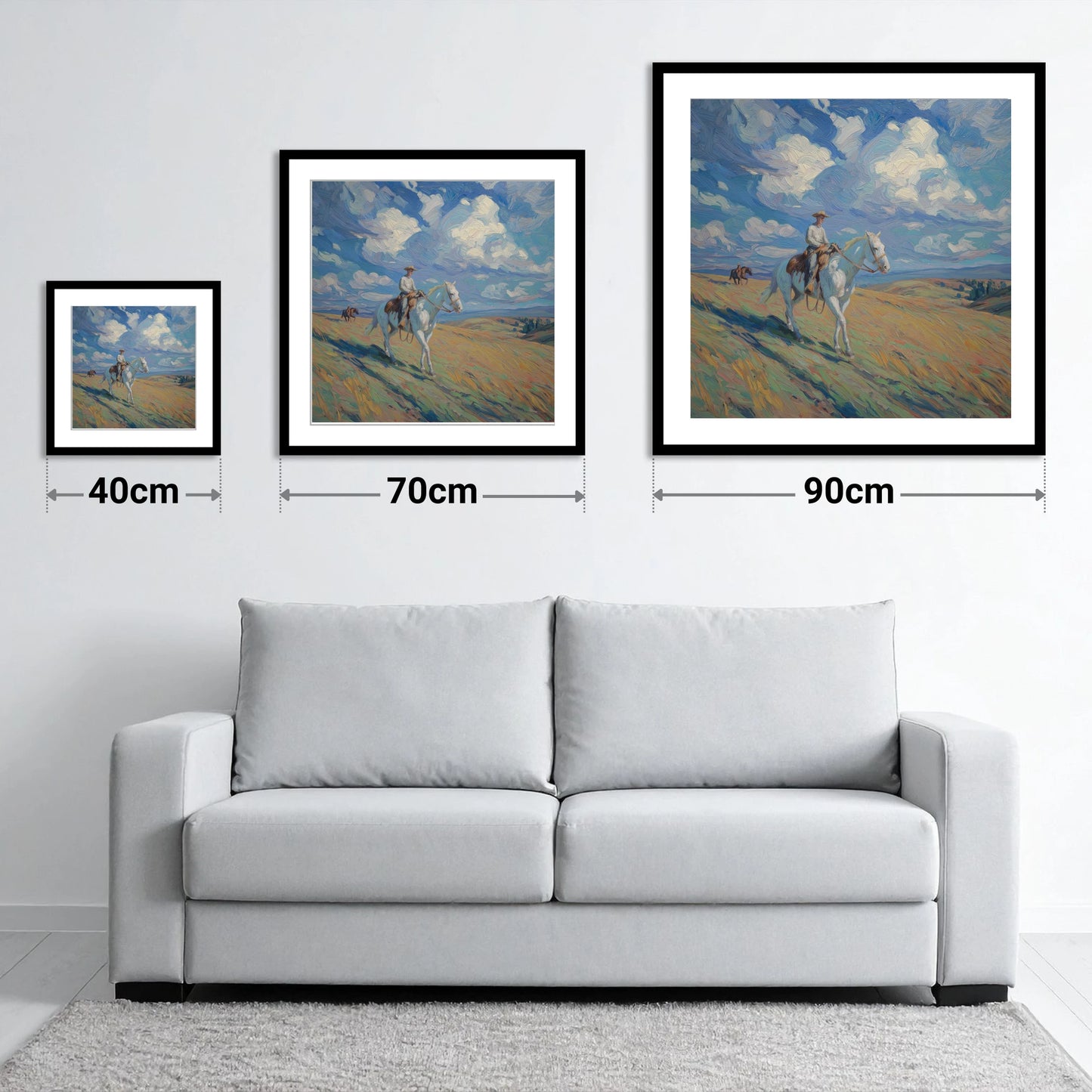 Under Western Skies - size guide showing 40cm, 70cm and 90cm art prints