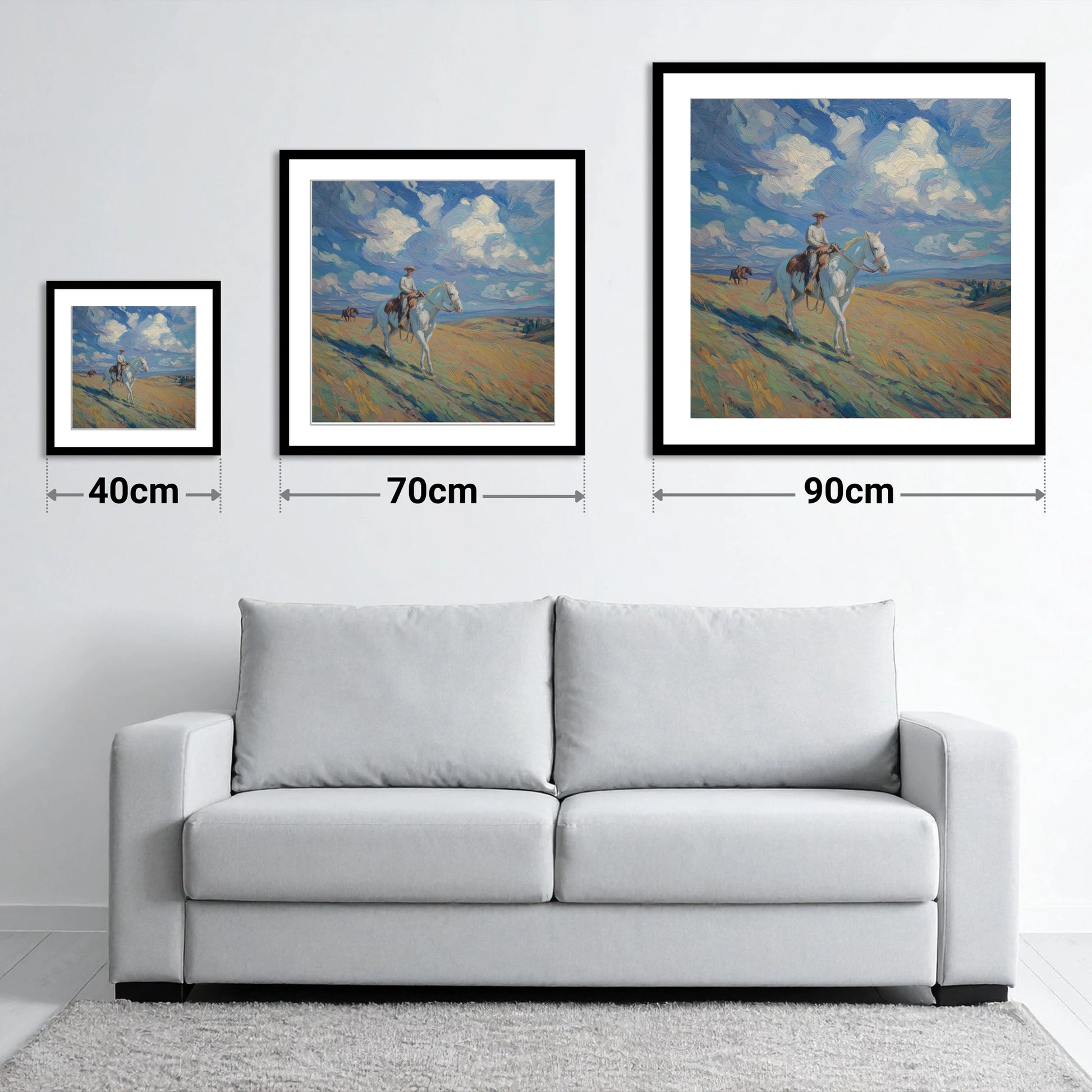 Under Western Skies - size guide showing 40cm, 70cm and 90cm art prints