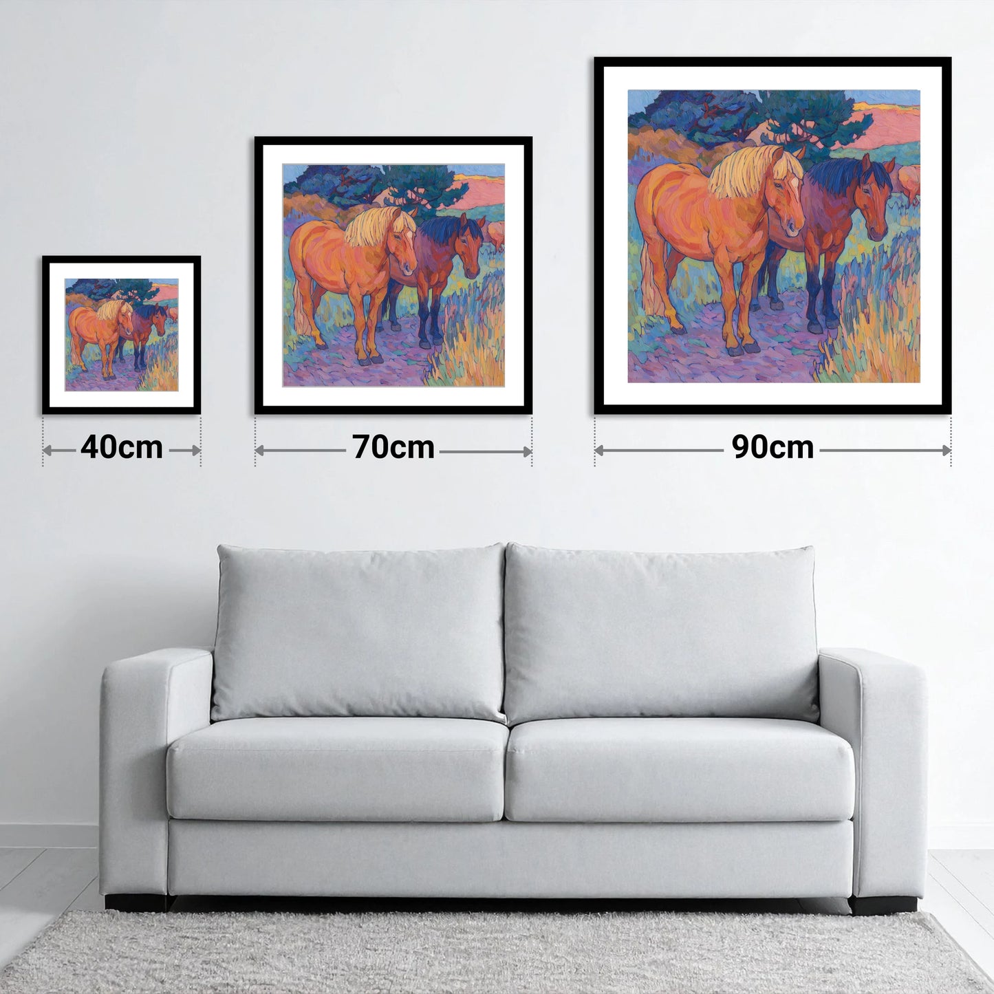 Sunset Pasture Companions - size guide showing 40cm, 70cm and 90cm art prints