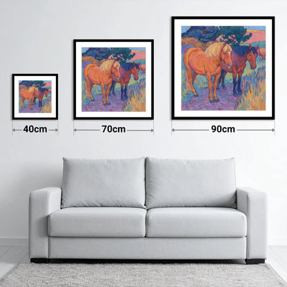 Sunset Pasture Companions - size guide showing 40cm, 70cm and 90cm art prints
