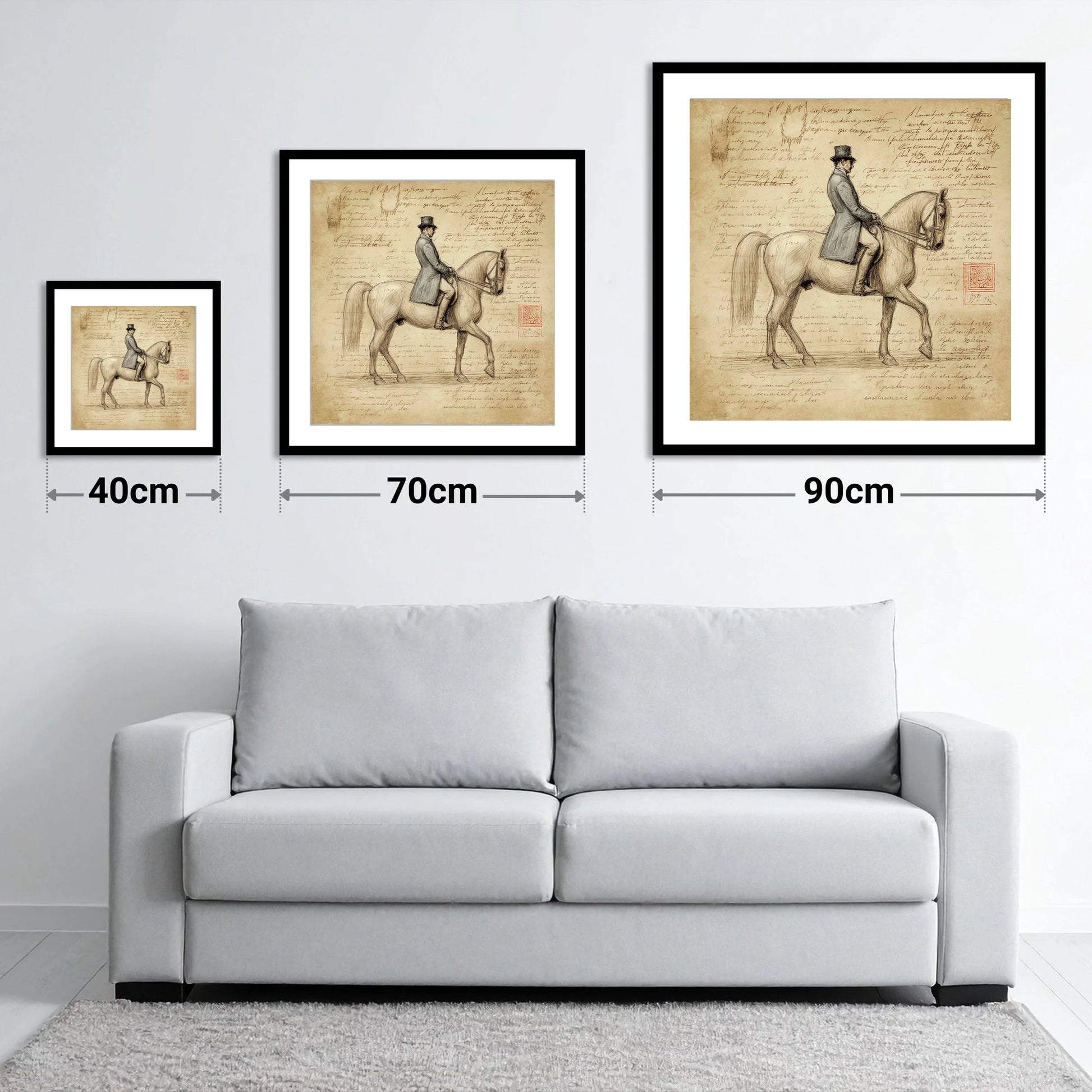 Classical Equitation Study - size guide showing 40cm, 70cm and 90cm art prints