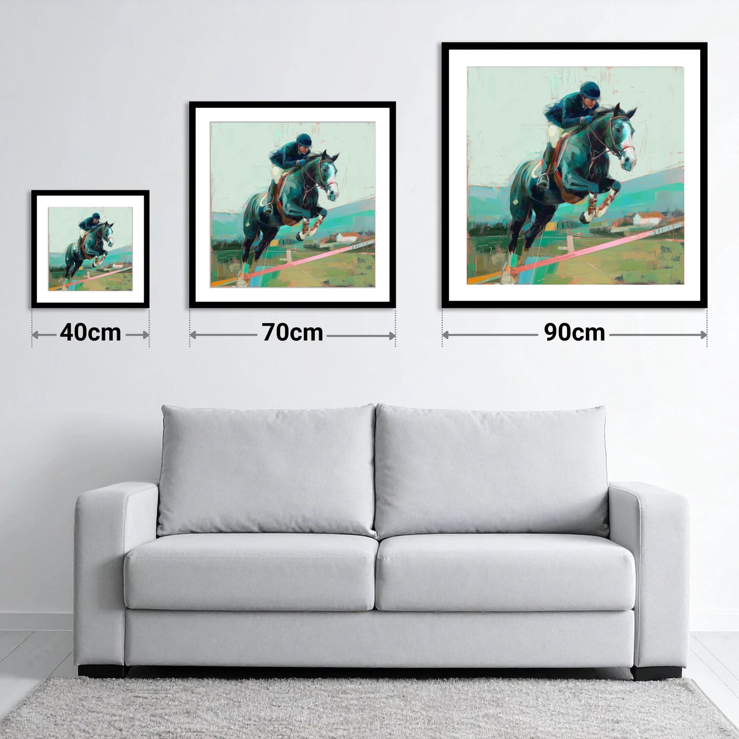 Midnight Flight - size guide showing 40cm, 70cm and 90cm art prints