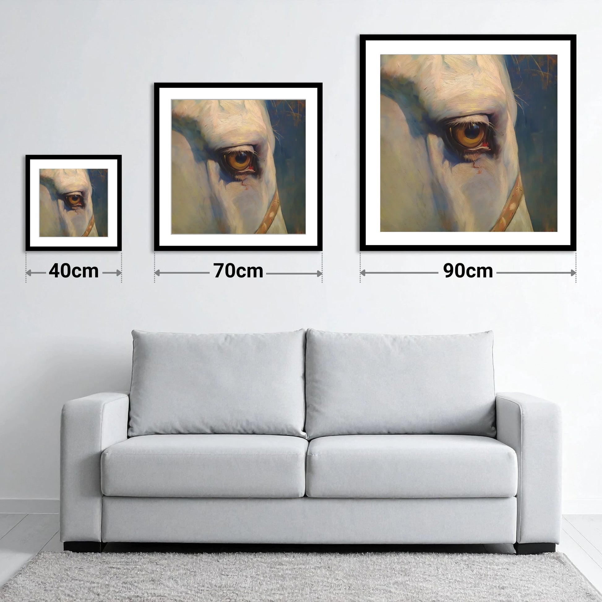 The Knowing Eye - size guide showing 40cm, 70cm and 90cm art prints