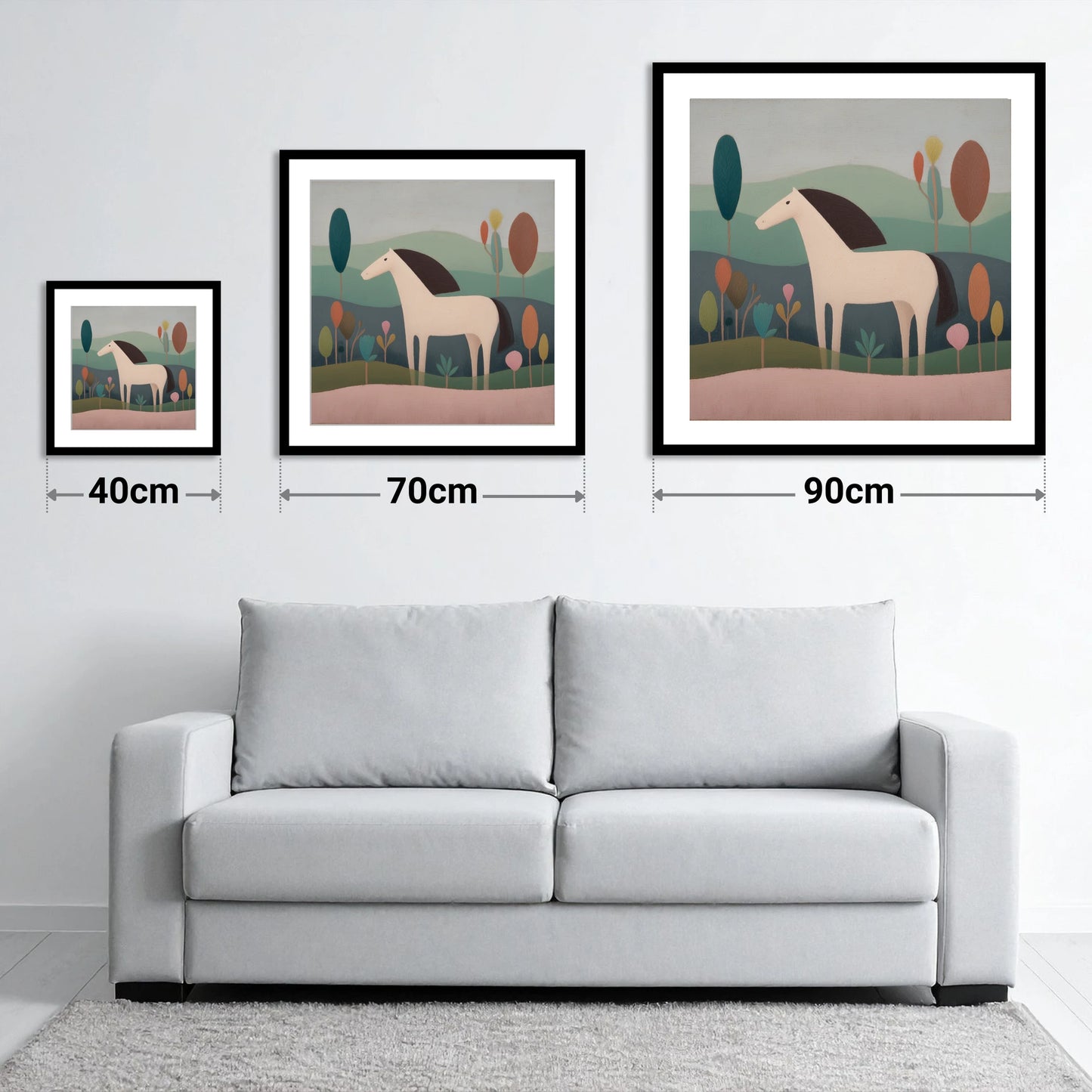 Tranquil Meadow Grey - size guide showing 40cm, 70cm and 90cm art prints