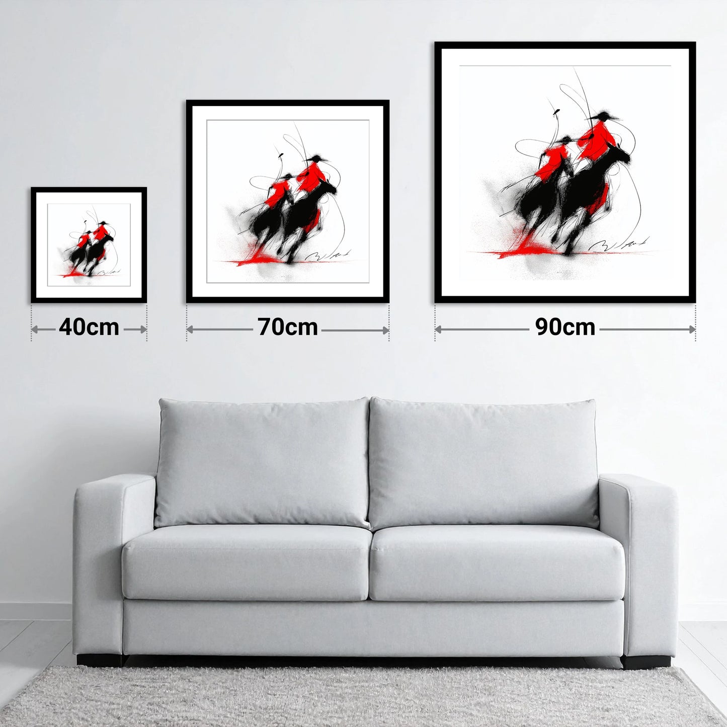 The Crimson Chukka - size guide showing 40cm, 70cm and 90cm art prints