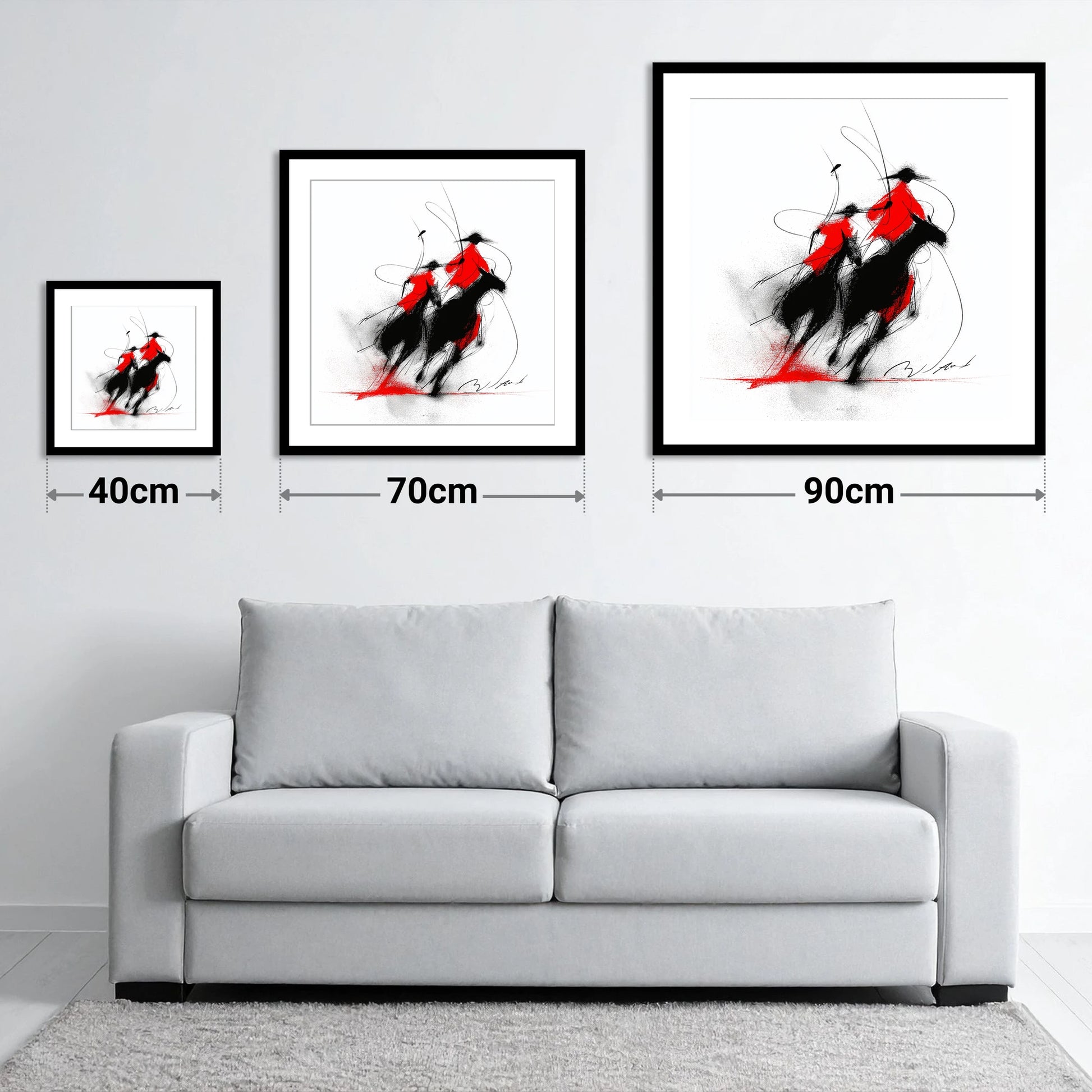 The Crimson Chukka - size guide showing 40cm, 70cm and 90cm art prints