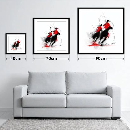 The Crimson Chukka - size guide showing 40cm, 70cm and 90cm art prints