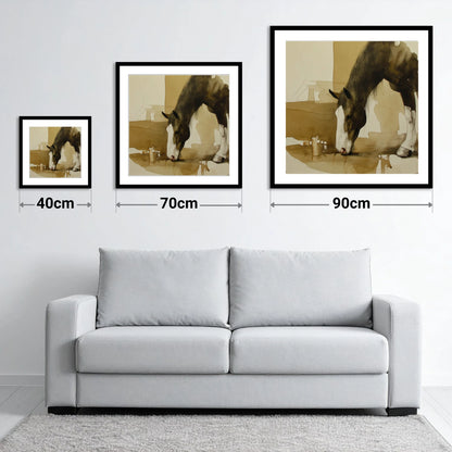 Sepia Equine Study - size guide showing 40cm, 70cm and 90cm art prints