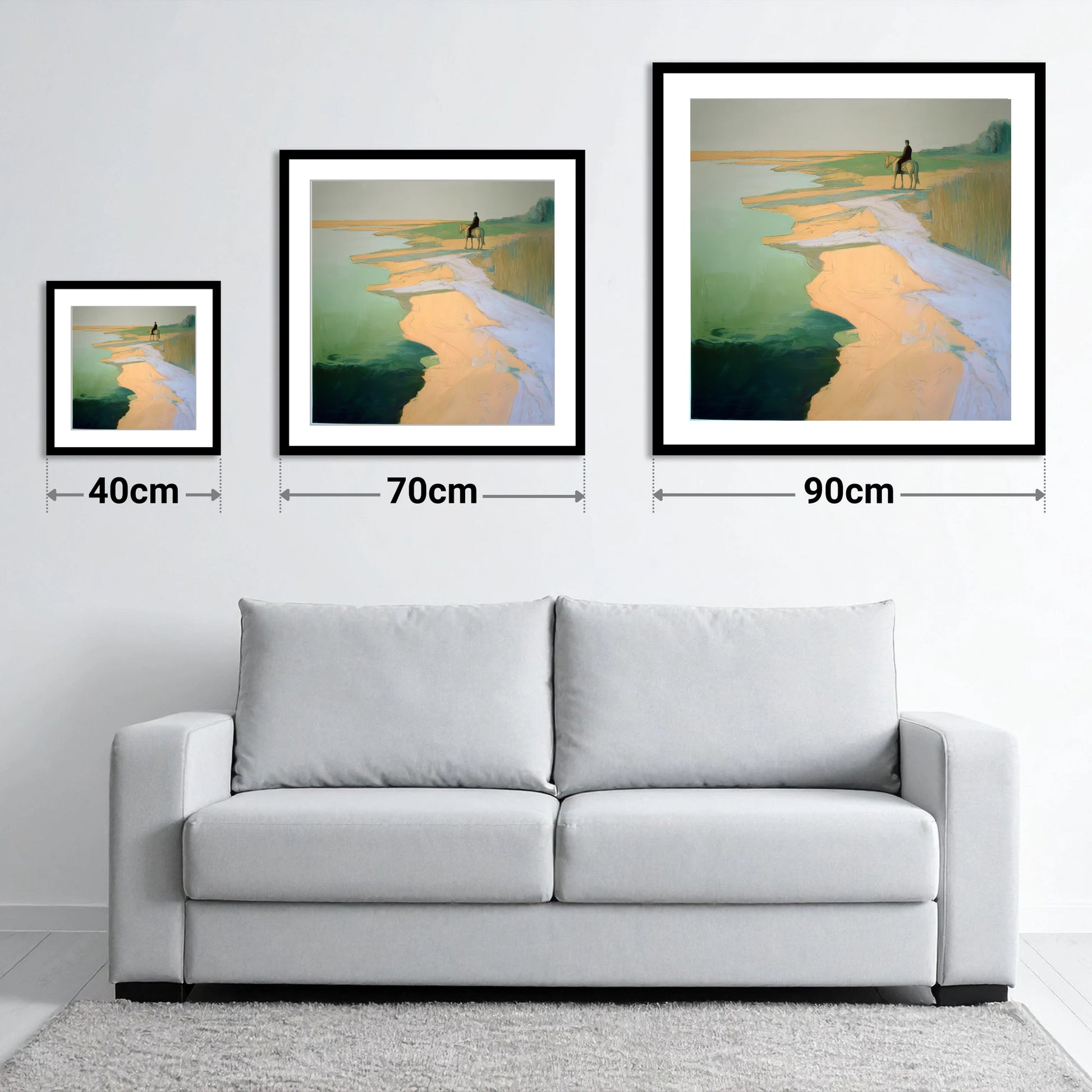 Solitary Shoreline Hack - size guide showing 40cm, 70cm and 90cm art prints