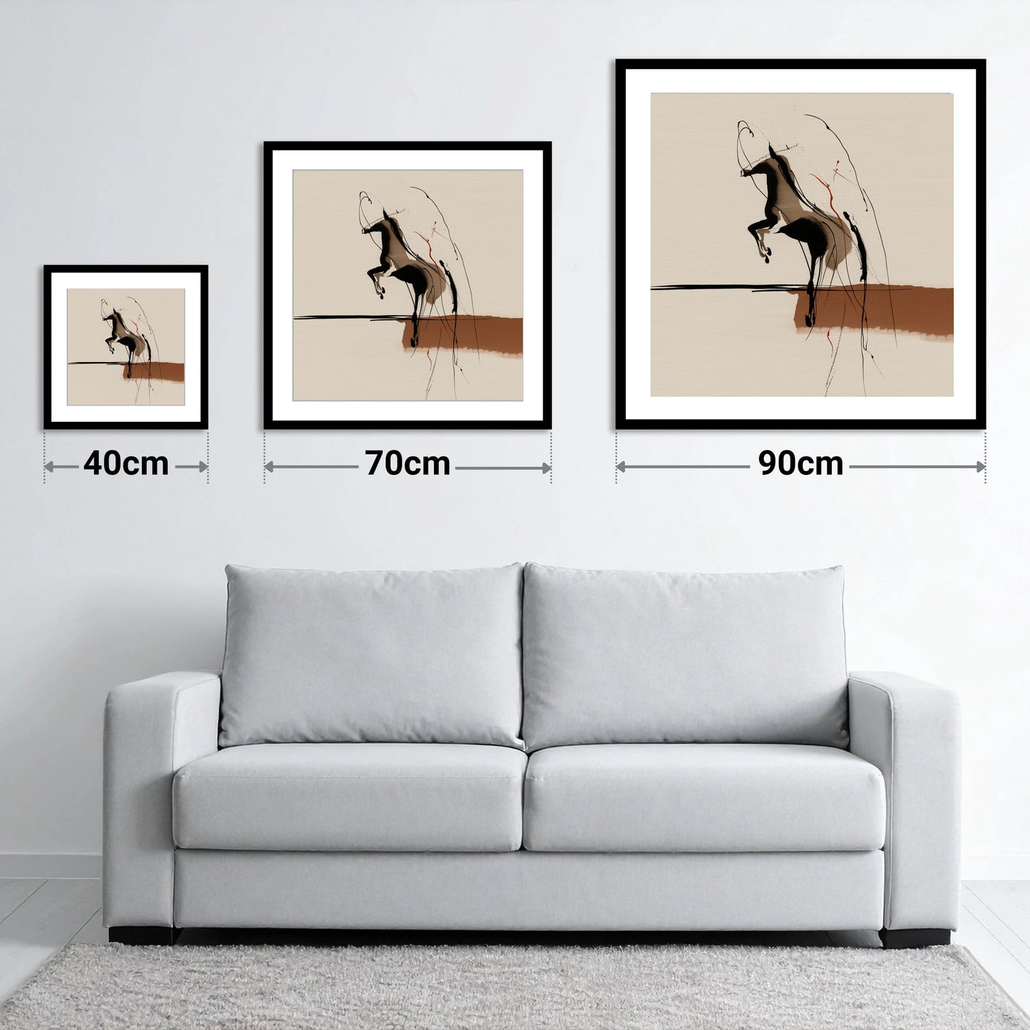 Untamed Sepia Silhouette - size guide showing 40cm, 70cm and 90cm art prints