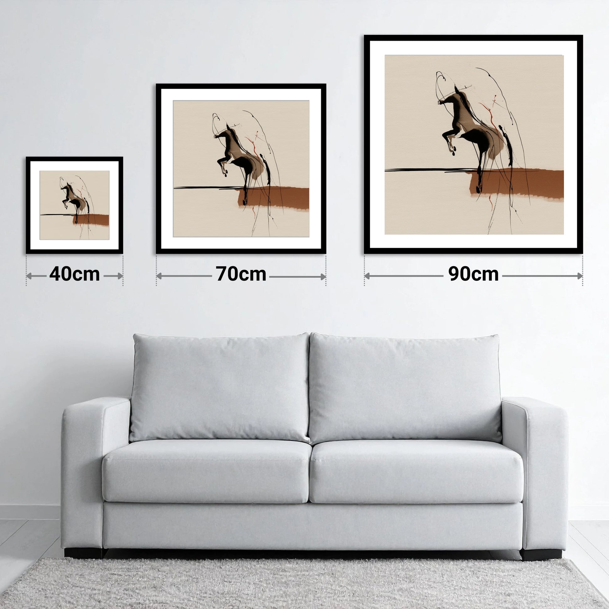 Untamed Sepia Silhouette - size guide showing 40cm, 70cm and 90cm art prints