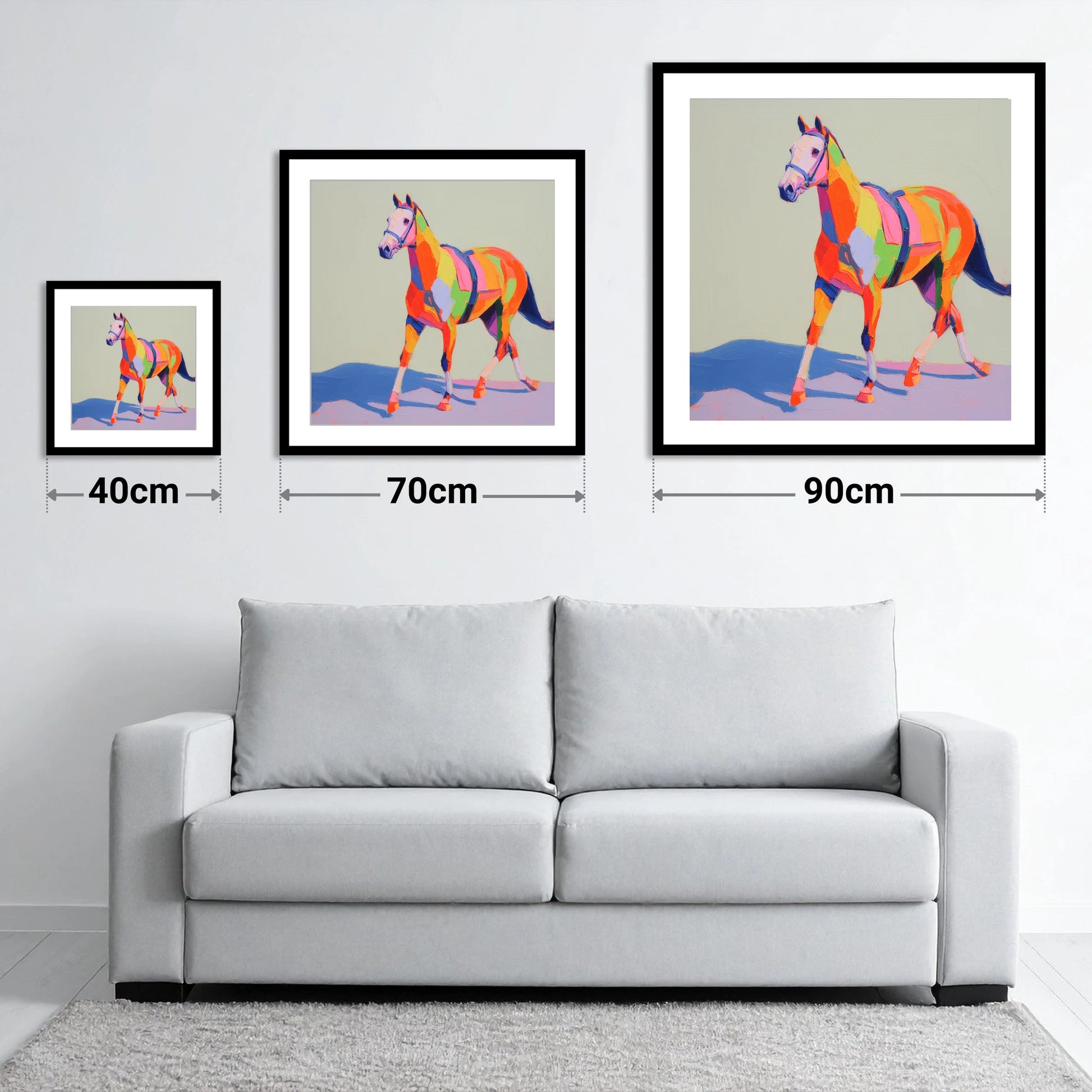 Vibrant Strides - size guide showing 40cm, 70cm and 90cm art prints