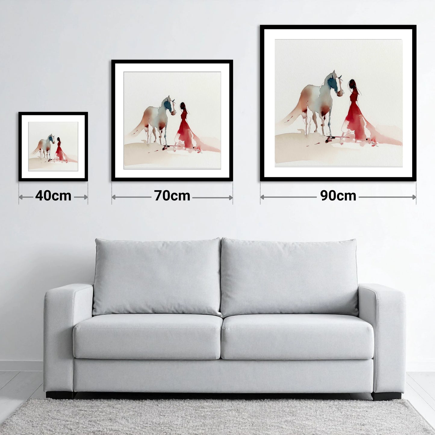 The Crimson Bond - size guide showing 40cm, 70cm and 90cm art prints