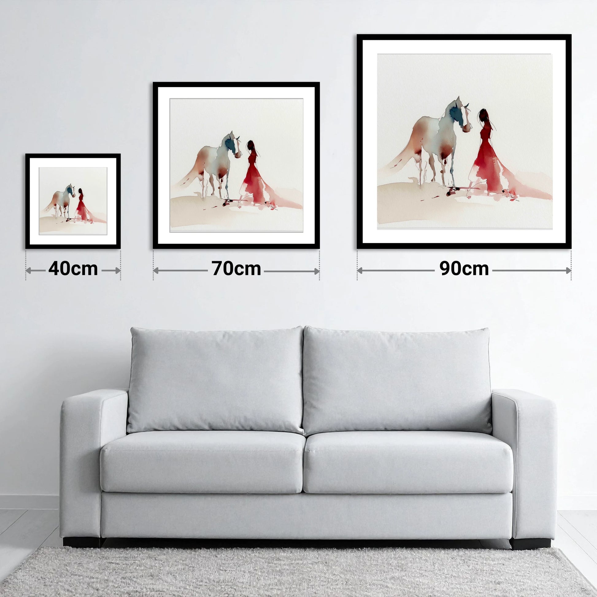 The Crimson Bond - size guide showing 40cm, 70cm and 90cm art prints