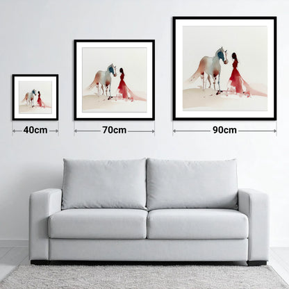 The Crimson Bond - size guide showing 40cm, 70cm and 90cm art prints
