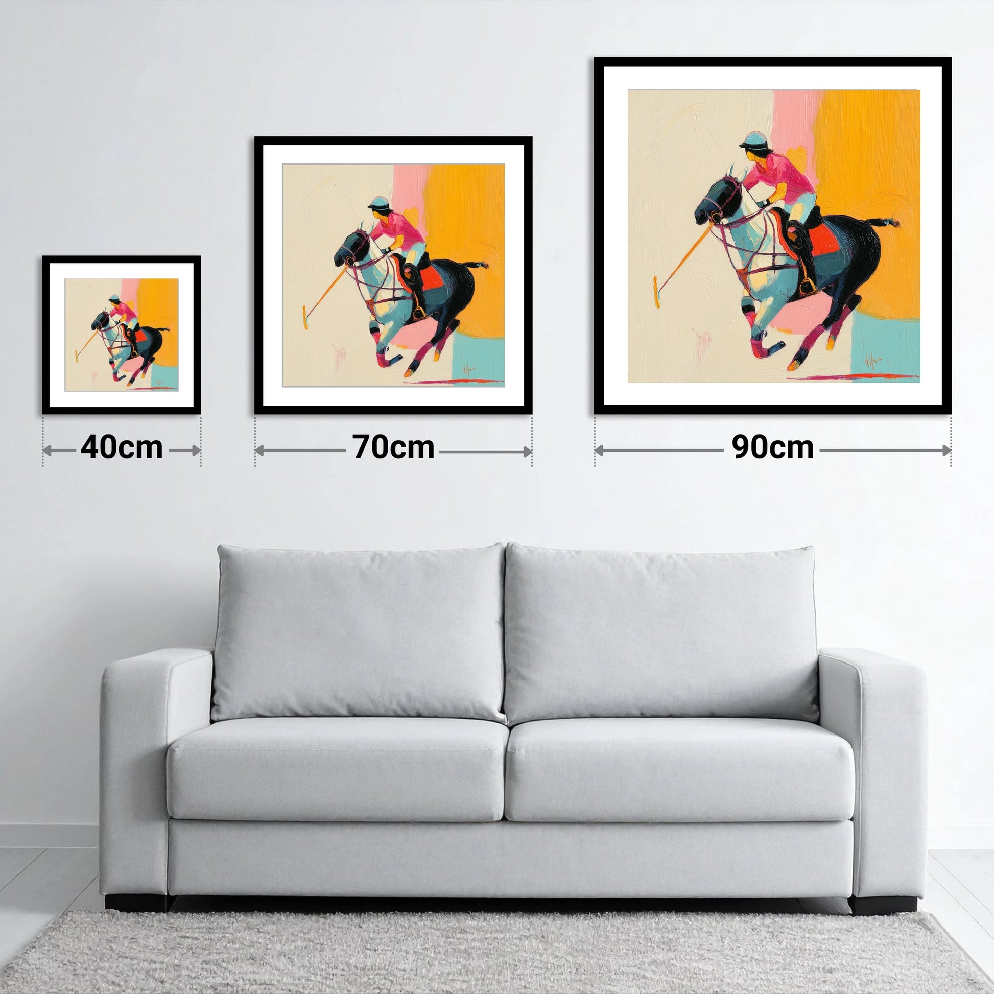 Vibrant Polo Strike - size guide showing 40cm, 70cm and 90cm art prints
