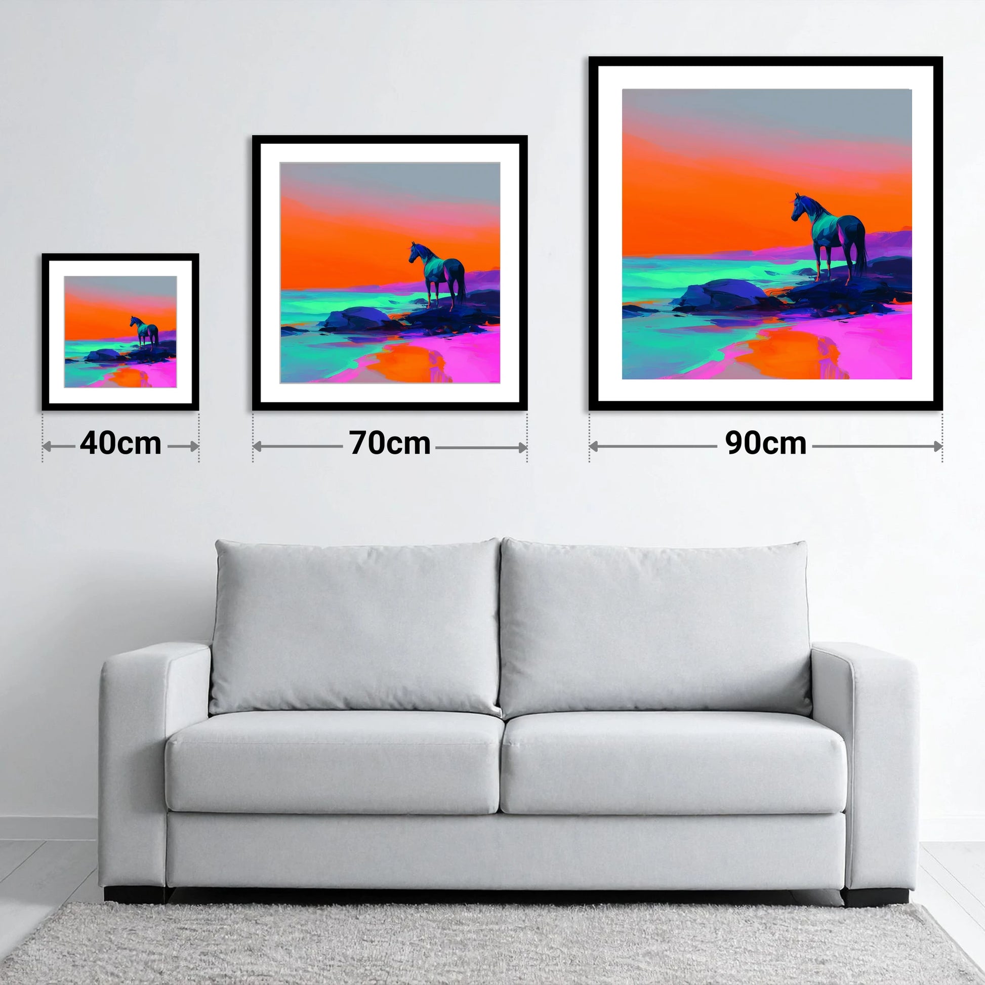 Neon Horizon Vigil - size guide showing 40cm, 70cm and 90cm art prints