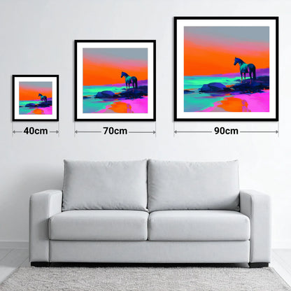 Neon Horizon Vigil - size guide showing 40cm, 70cm and 90cm art prints