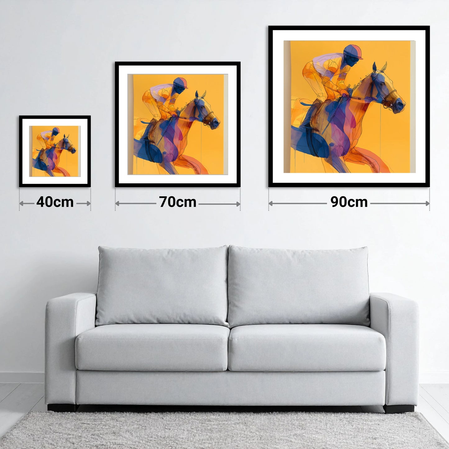 Golden Racing Stride - size guide showing 40cm, 70cm and 90cm art prints