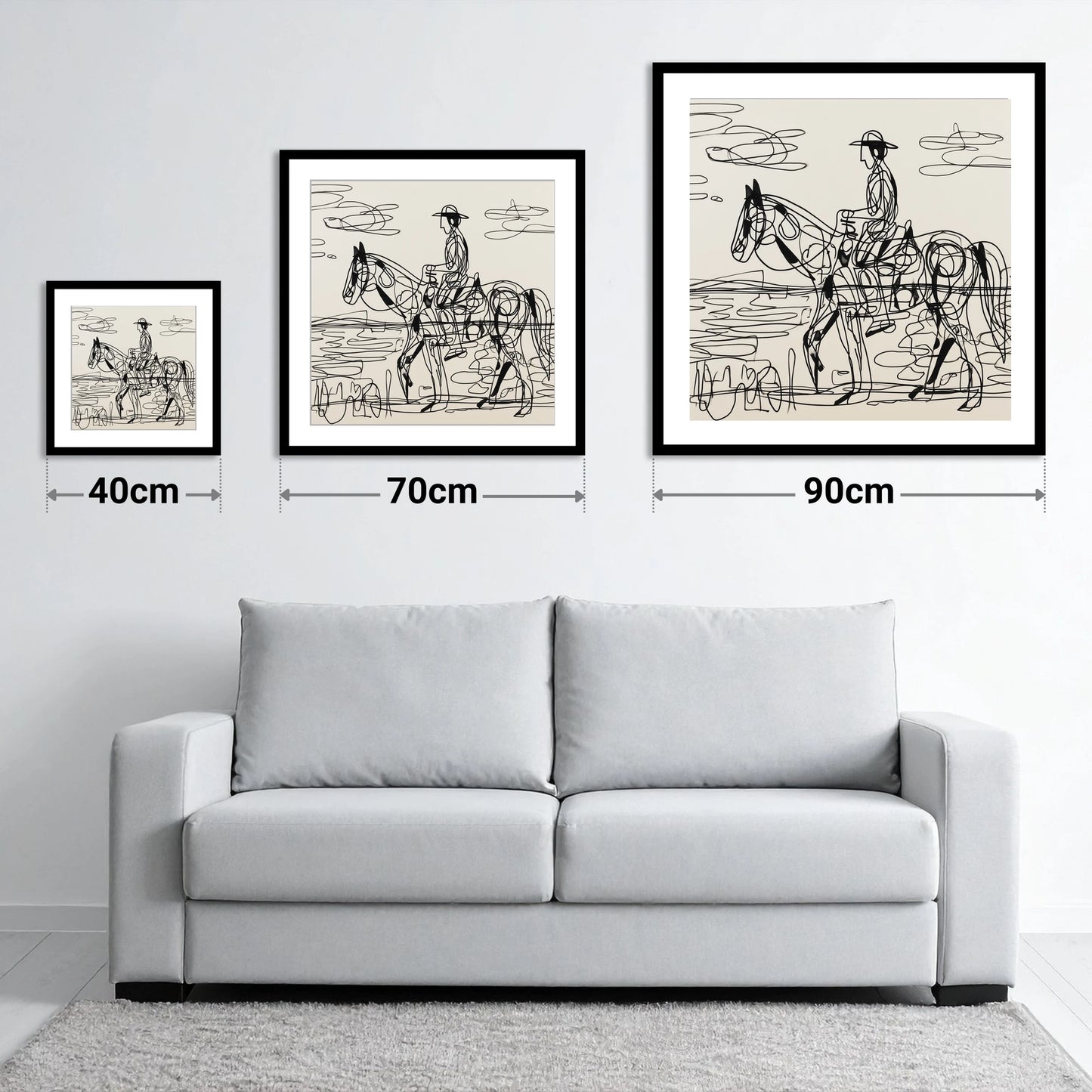 Linear Beach Ride - size guide showing 40cm, 70cm and 90cm art prints